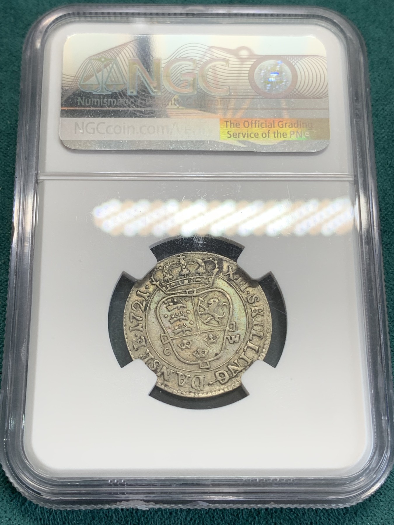 《竞宝斋》第192场-周日，周一 2场 (全场包邮) NGC AU50 丹麦1721年12s银币 原味包浆 低评