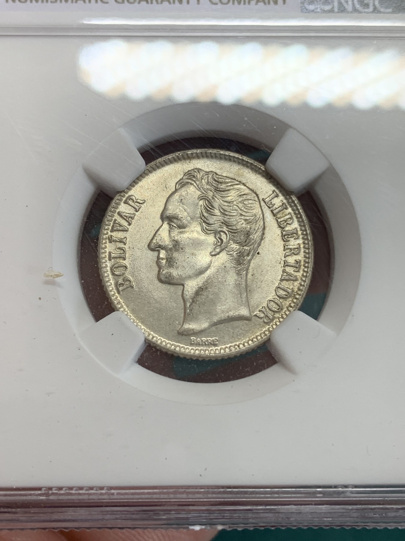 《竞宝斋》第192场-周日，周一 2场 (全场包邮) NGC-MS63 委内瑞拉1954年 1波利瓦尔银币 好品小辅币