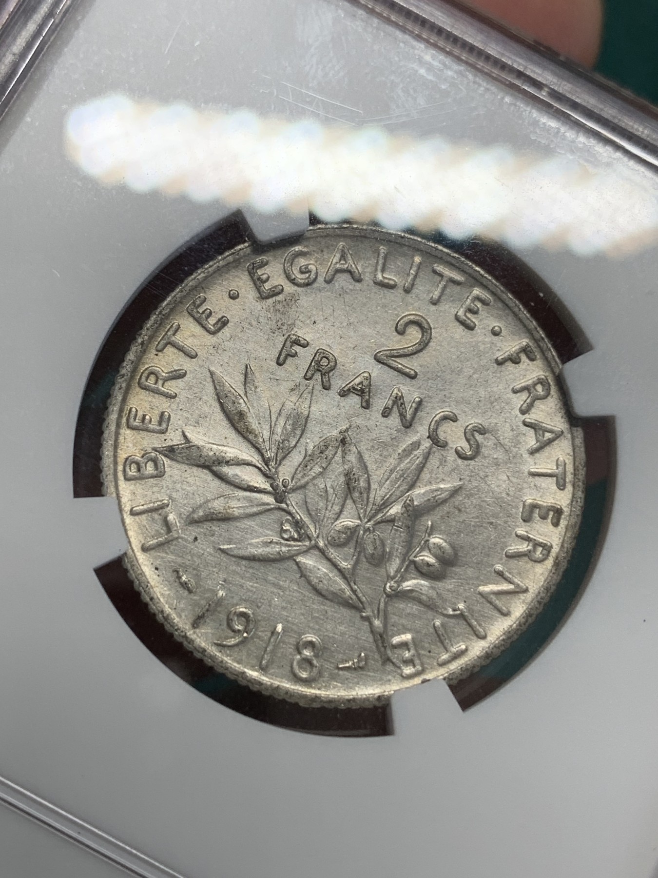 《竞宝斋》第192场-周日，周一 2场 (全场包邮) NGC-UNC 法国 1918年播种女神2法郎银币 细节好 清洗痕迹轻微