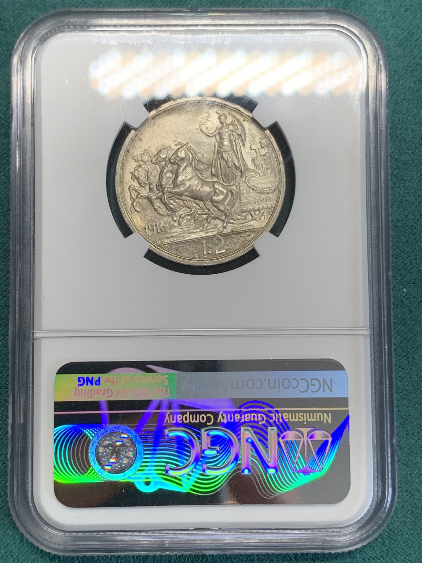 《竞宝斋》第192场-周日，周一 2场 (全场包邮) NGC-MS61 意大利 1916年 马车2里拉 银币