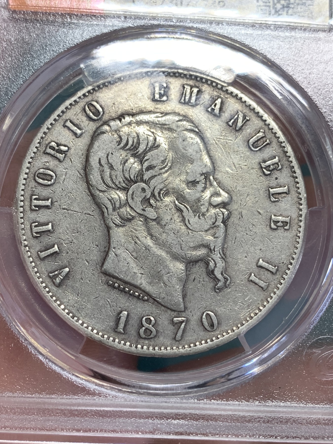 《竞宝斋》第192场-周日，周一 2场 (全场包邮) 中乾评级 XF45 意大利 1870年埃曼纽尔二世5里拉大银币