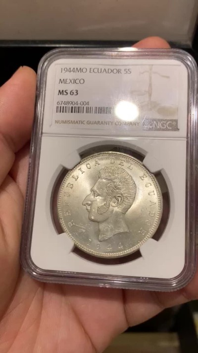 《竞宝斋》第192场-周日，周一 2场 (全场包邮) NGC-MS63 厄瓜多尔1944年5苏克雷银币 bu车轮光