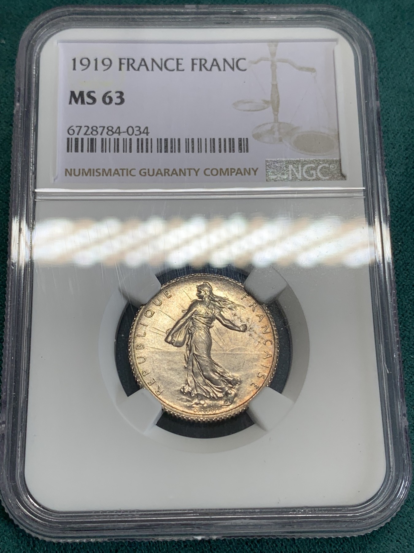 《竞宝斋》第192场-周日，周一 2场 (全场包邮) NGC-MS63 法国1919年 播种女神1法郎银币