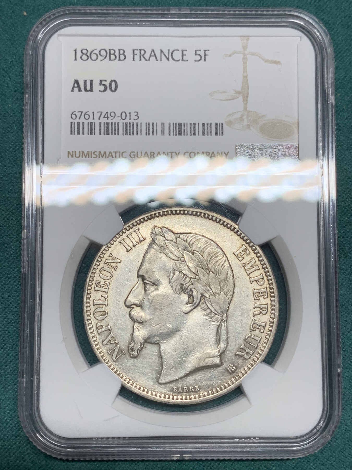 《竞宝斋》第192场-周日，周一 2场 (全场包邮) NGC AU50 法国 1869年BB版拿三5法郎银币 带底光 非常好