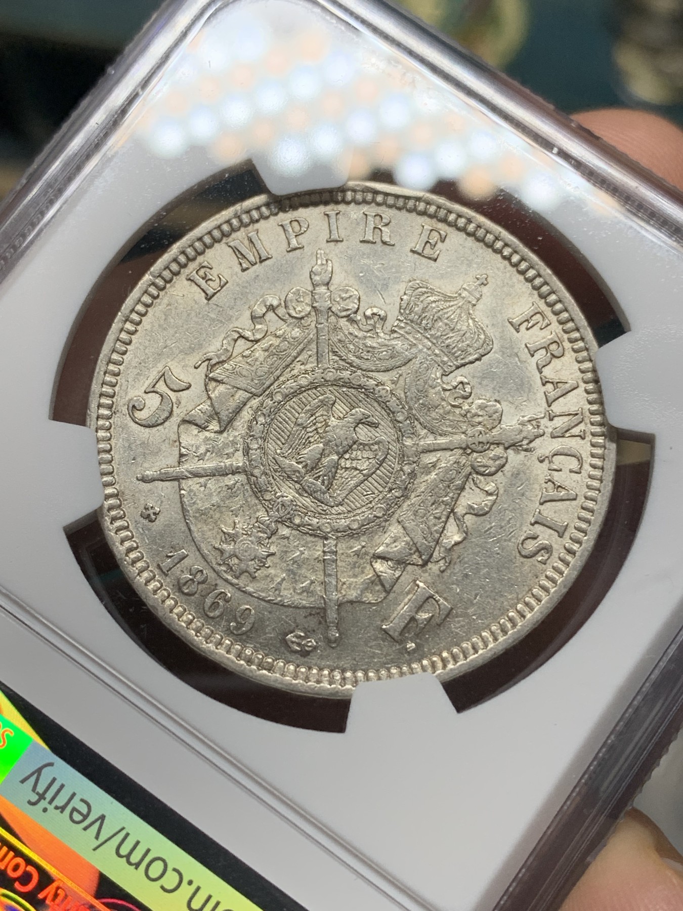 《竞宝斋》第192场-周日，周一 2场 (全场包邮) NGC AU50 法国 1869年BB版拿三5法郎银币 带底光 非常好