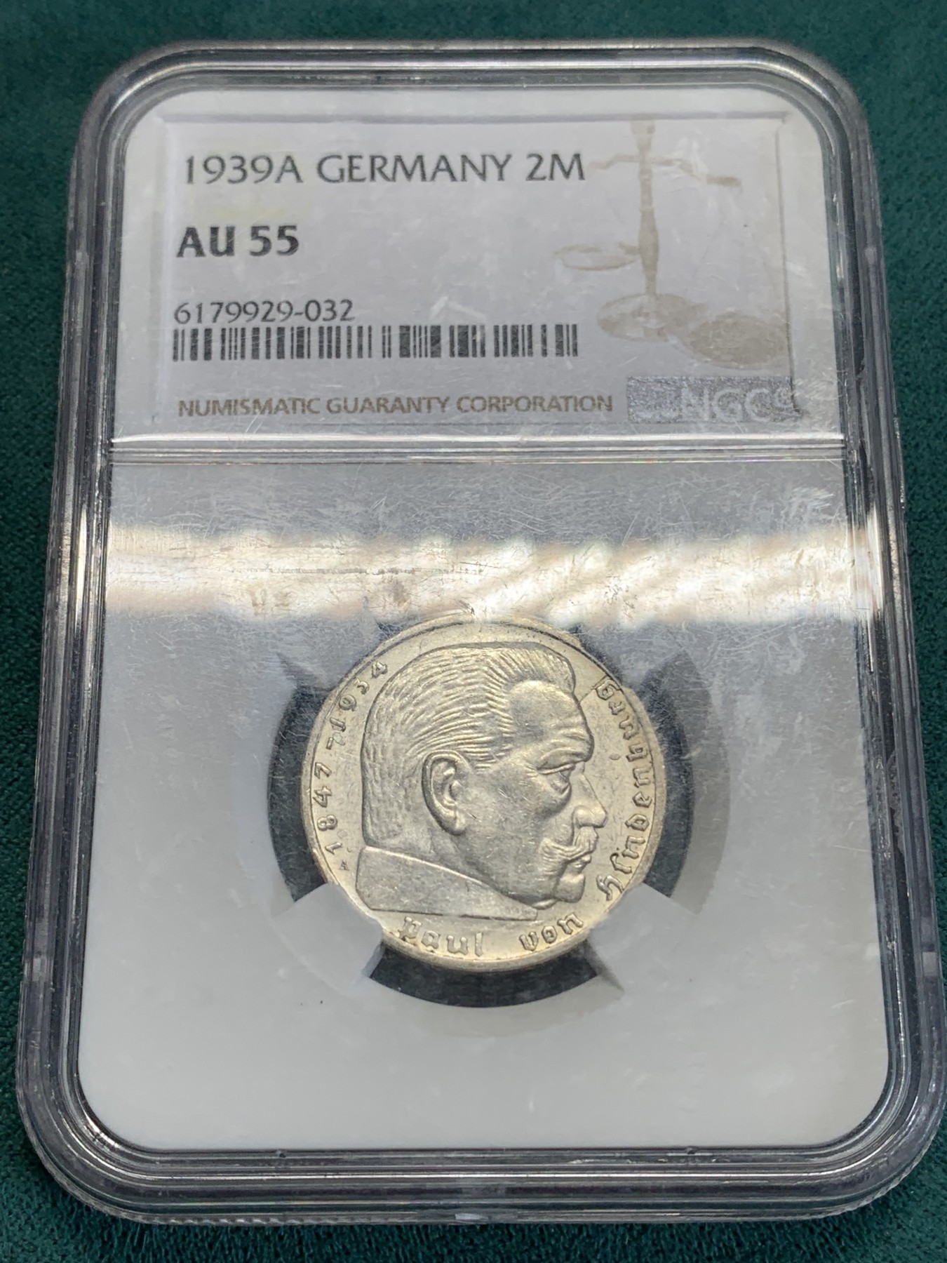 《竞宝斋》第192场-周日，周一 2场 (全场包邮) NGC-AU55 德国1939年A版兴登堡2马克银币