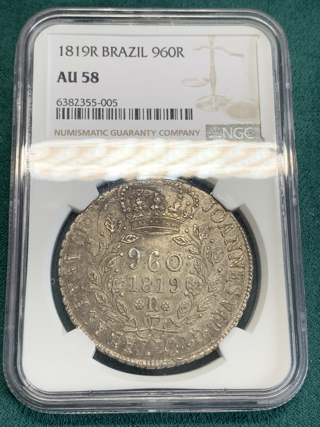 《竞宝斋》第192场-周日，周一 2场 (全场包邮) NGC-AU58 葡属巴西 1819年 960瑞斯 银币