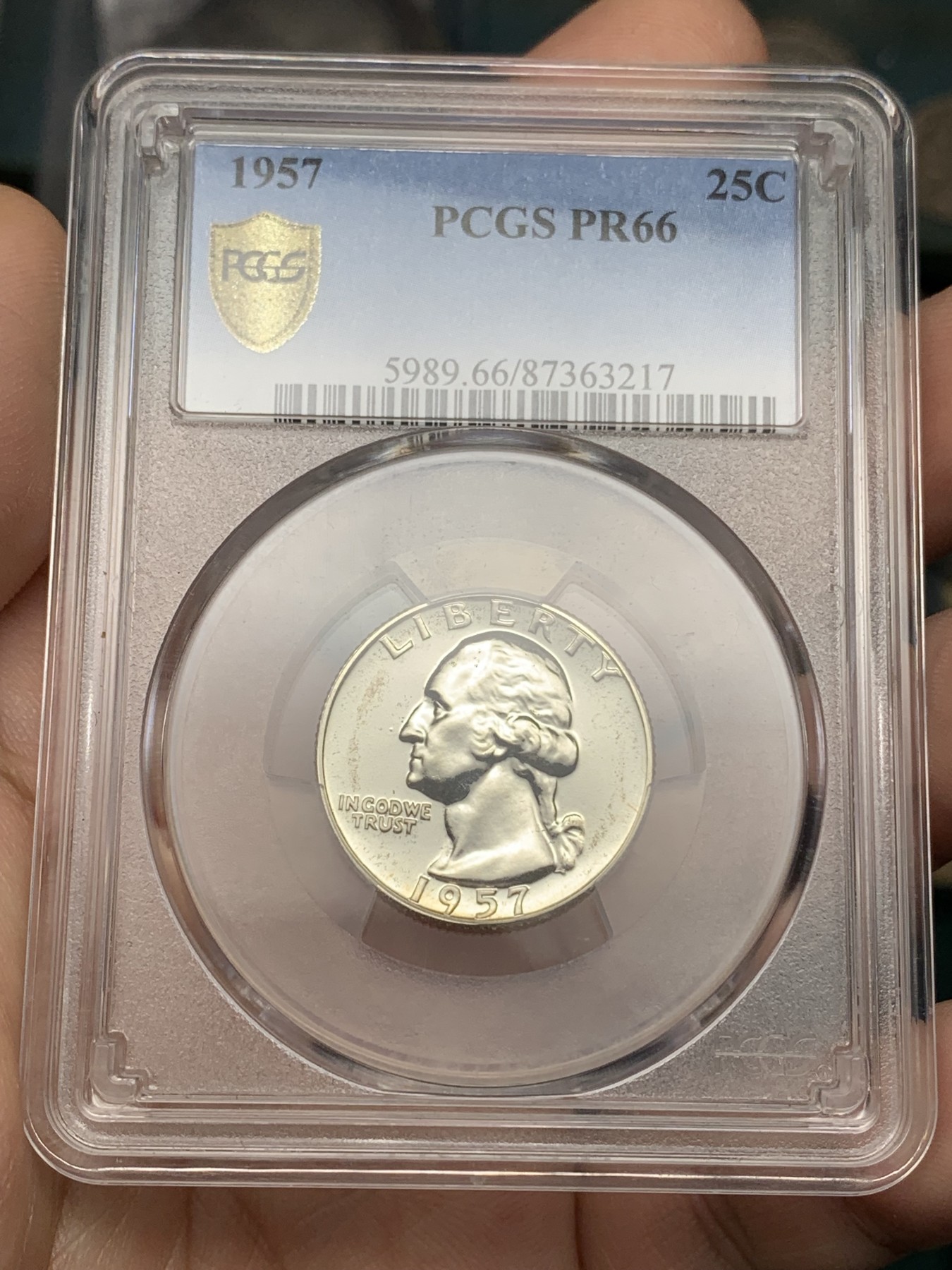 《竞宝斋》第192场-周日，周一 2场 (全场包邮) PCGS PR66 美国1957年25美分精制银币