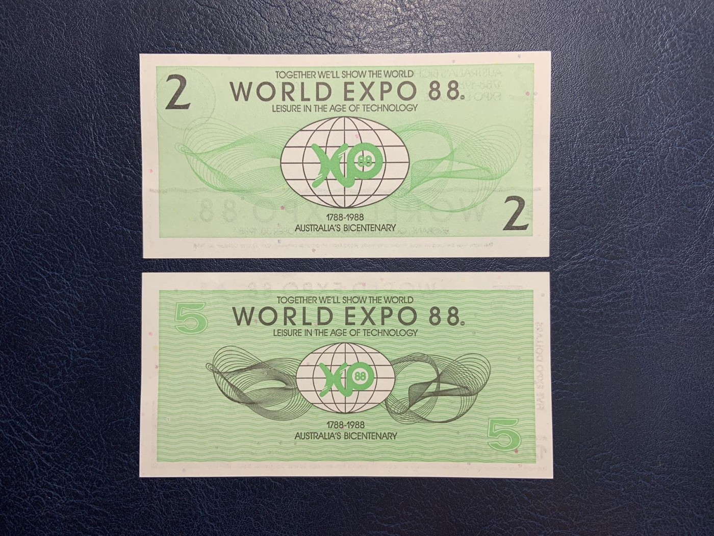收藏联盟Quantum Auction 第285期拍卖  澳大利亚1988年布里斯班世博会2元和5元代金券 品相全新UNC 雕刻版 