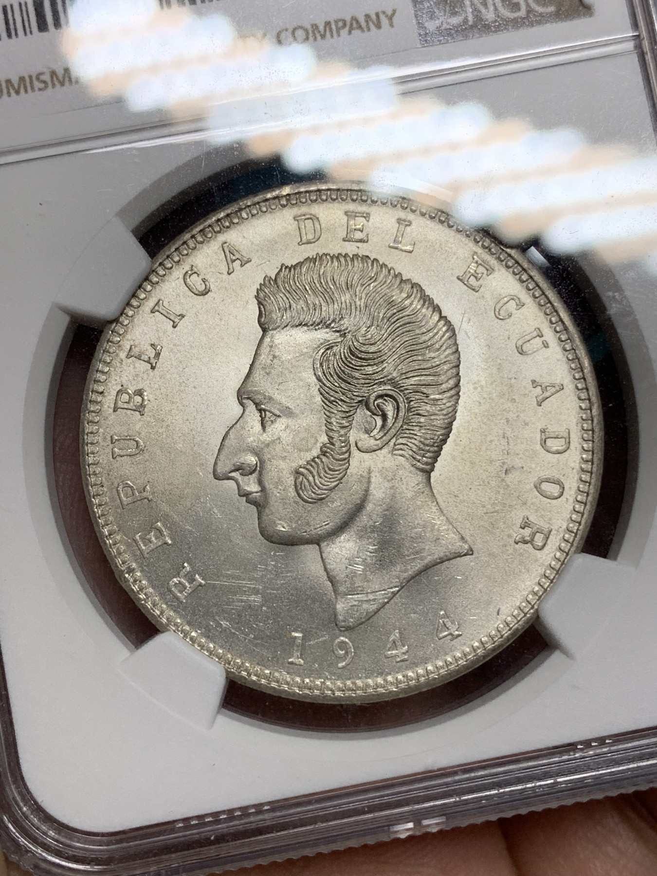 《竞宝斋》第192场-周日，周一 2场 (全场包邮) NGC-MS63 厄瓜多尔1944年5苏克雷银币 bu车轮光