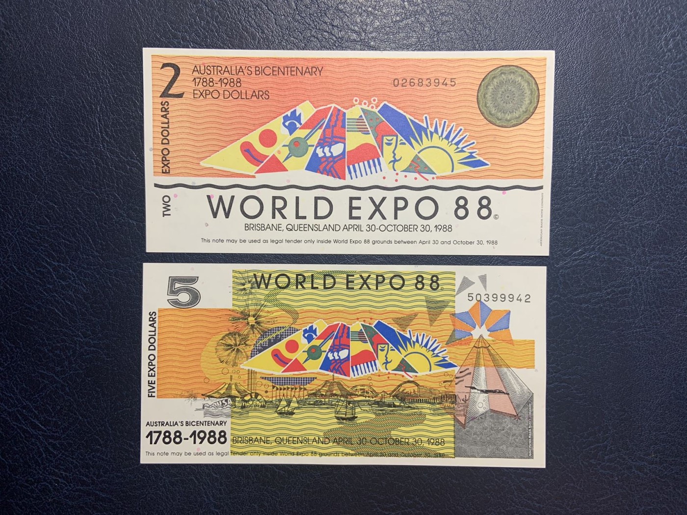 收藏联盟Quantum Auction 第285期拍卖  澳大利亚1988年布里斯班世博会2元和5元代金券 品相全新UNC 雕刻版 