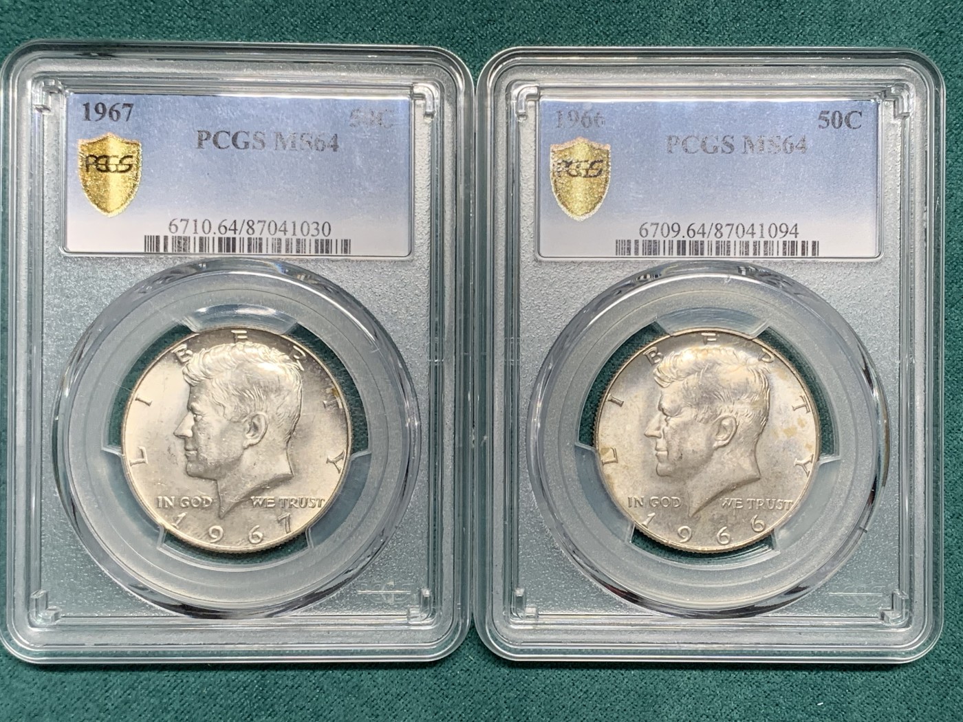 《竞宝斋》第192场-周日，周一 2场 (全场包邮) 两枚一组 PCGS MS64 美国肯尼迪半美元银币1966年一枚+1967年一枚