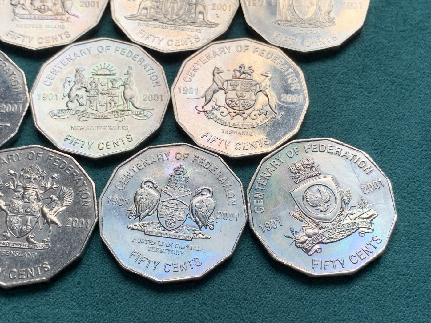 《竞宝斋》第192场-周日，周一 2场 (全场包邮) 澳大利亚2001年联邦百年50分流通纪念币 九枚全