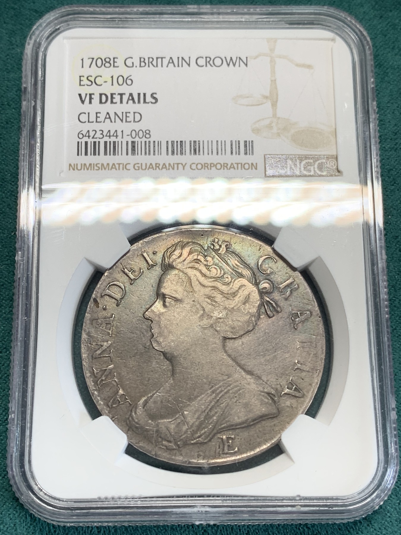 《竞宝斋》第192场-周日，周一 2场 (全场包邮) NGC-VFD 英国1708年E版安妮女王1克朗大银币 爱丁堡厂少见！持续涨价品种！