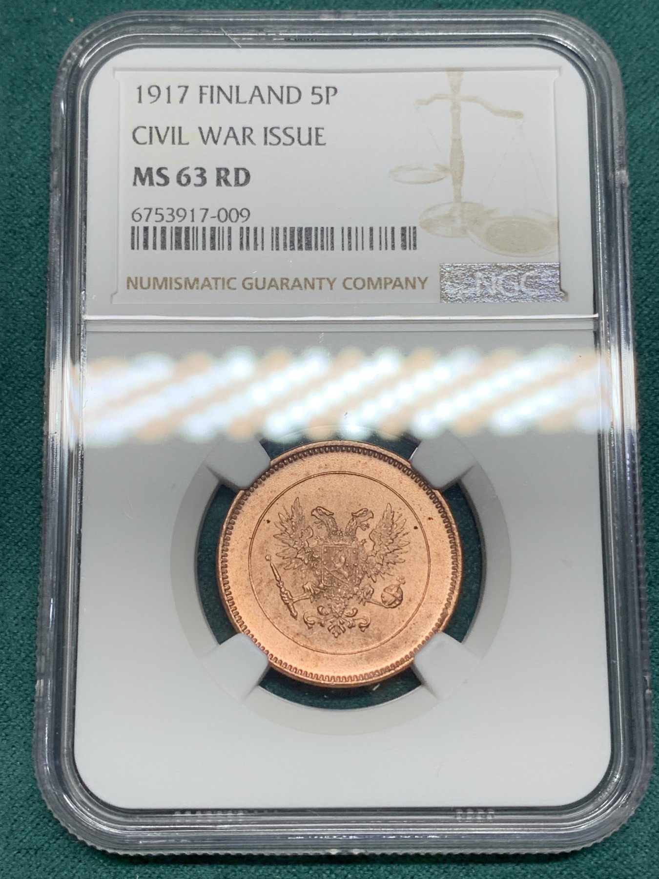 《竞宝斋》第192场-周日，周一 2场 (全场包邮) NGC MS63RD 俄占芬兰1917年克伦斯基临时政府5盆尼铜币，RD不易，一百多年的铜币还能保持如此铜光很难得
