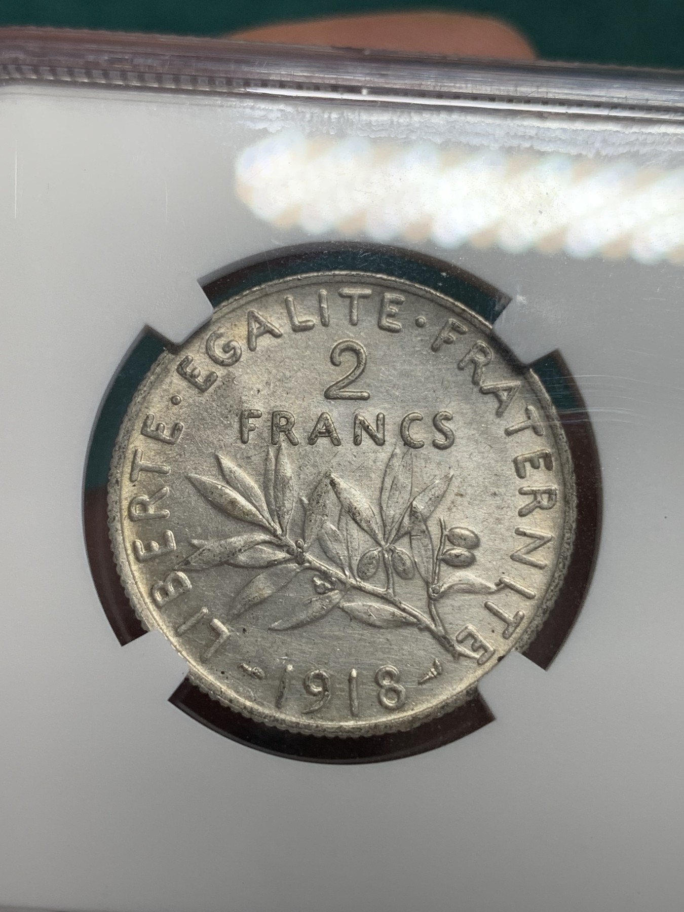 《竞宝斋》第192场-周日，周一 2场 (全场包邮) NGC-UNC 法国 1918年播种女神2法郎银币 细节好 清洗痕迹轻微