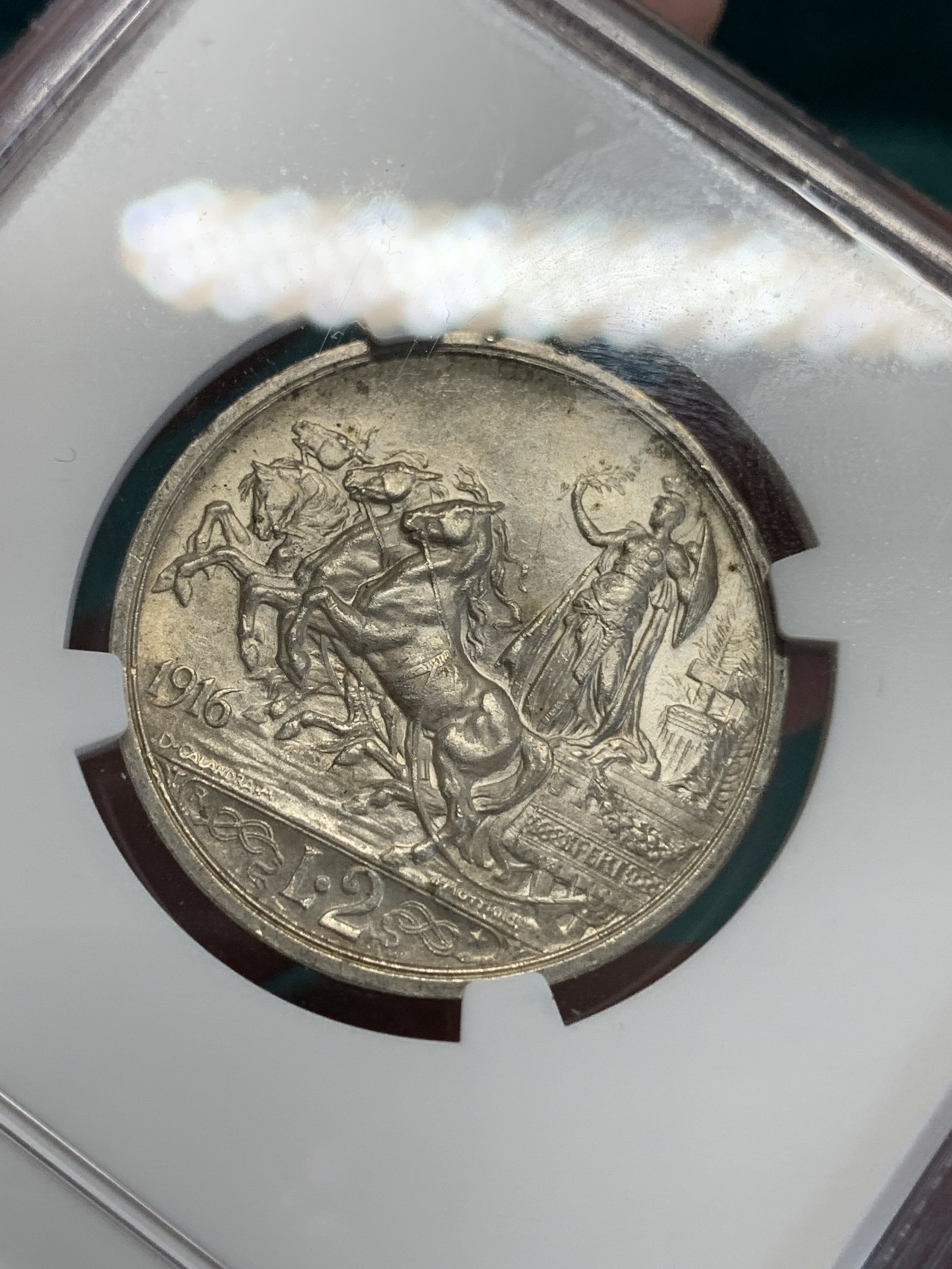 《竞宝斋》第192场-周日，周一 2场 (全场包邮) NGC-MS61 意大利 1916年 马车2里拉 银币