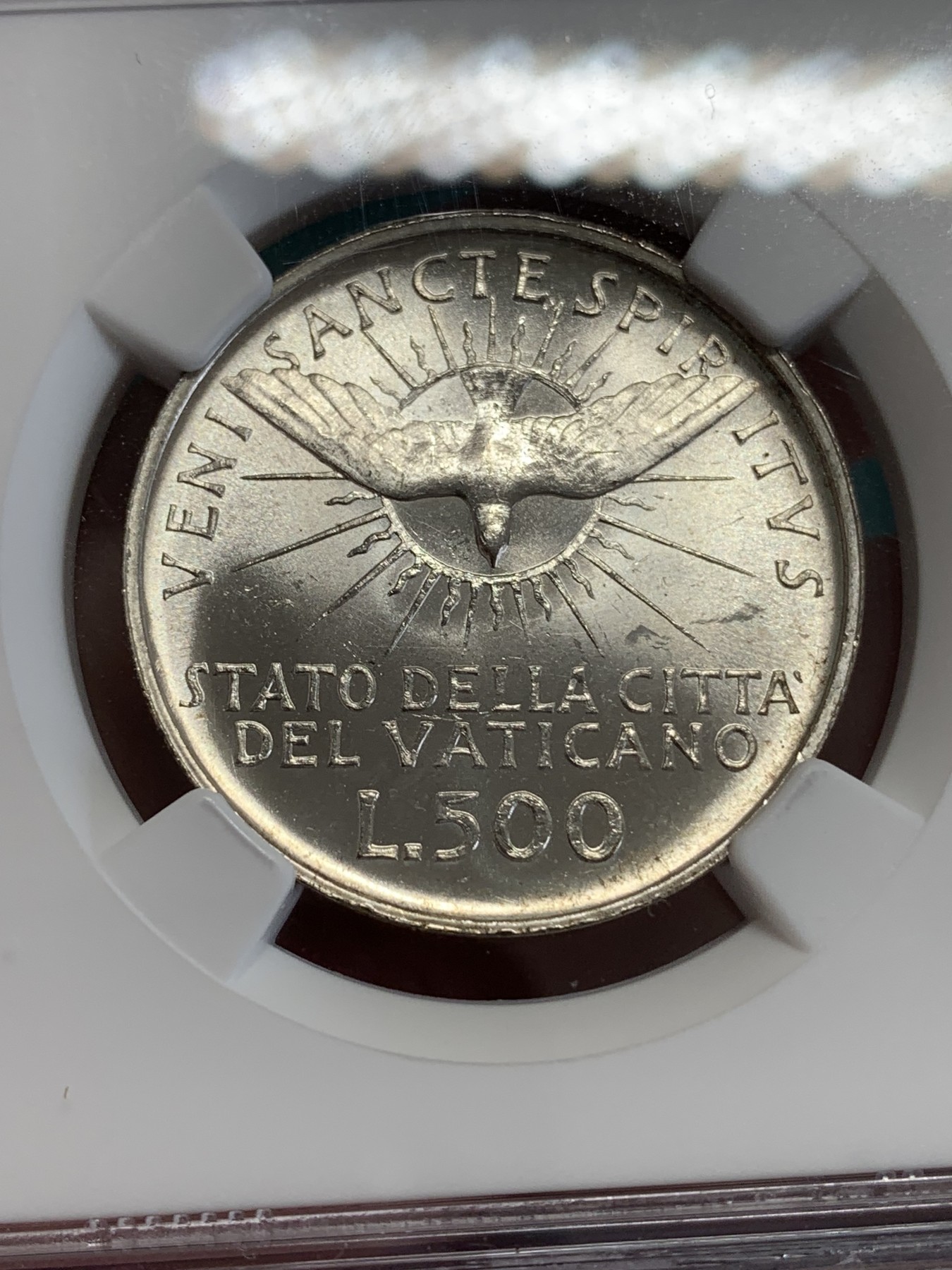 《竞宝斋》第192场-周日，周一 2场 (全场包邮) NGC-MS63 梵蒂冈1963年500里拉缺位银币 转光明显