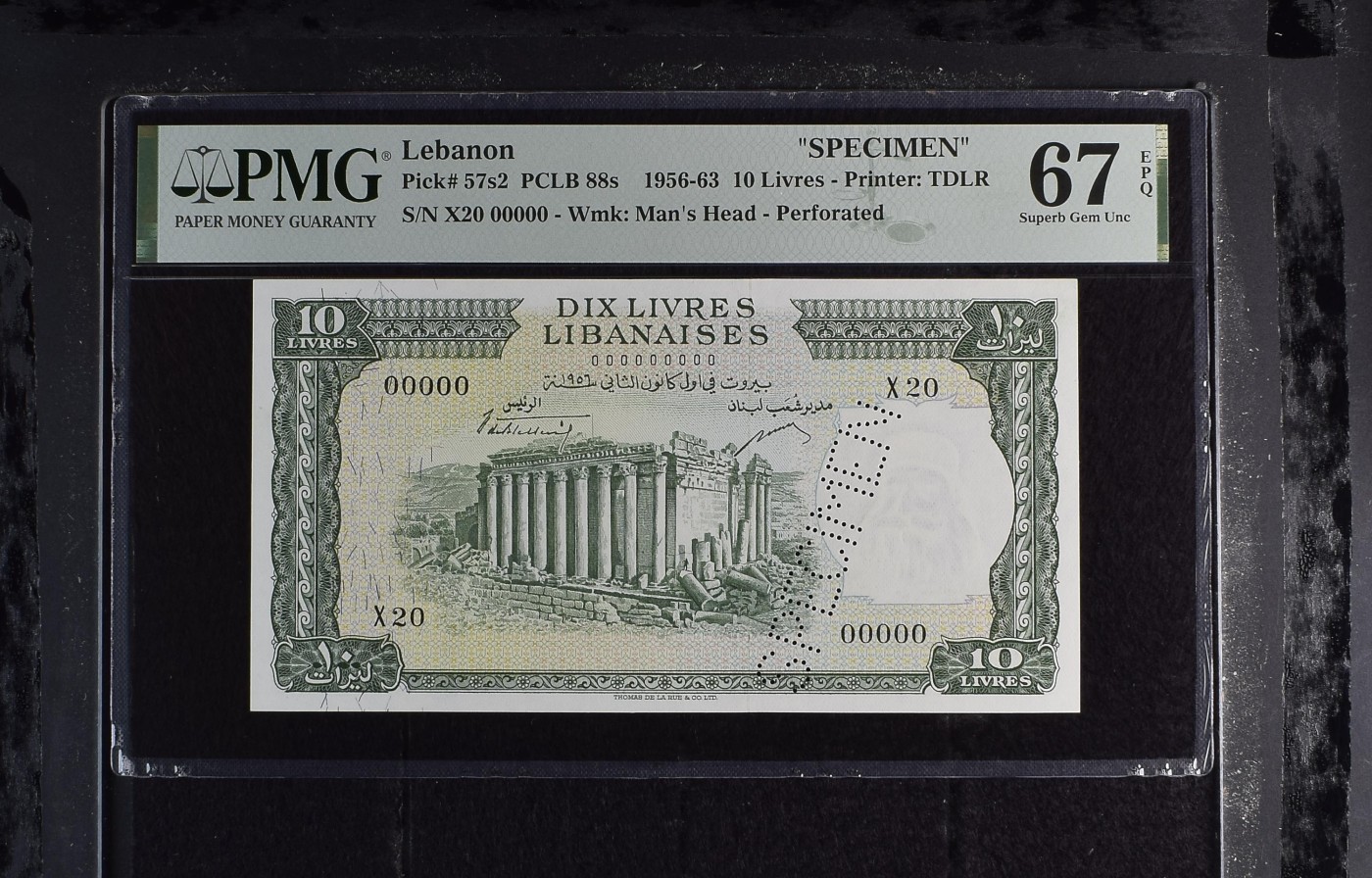 收藏联盟Quantum Auction 第285期拍卖  黎巴嫩1956-63年10里弗样票 PMG67 