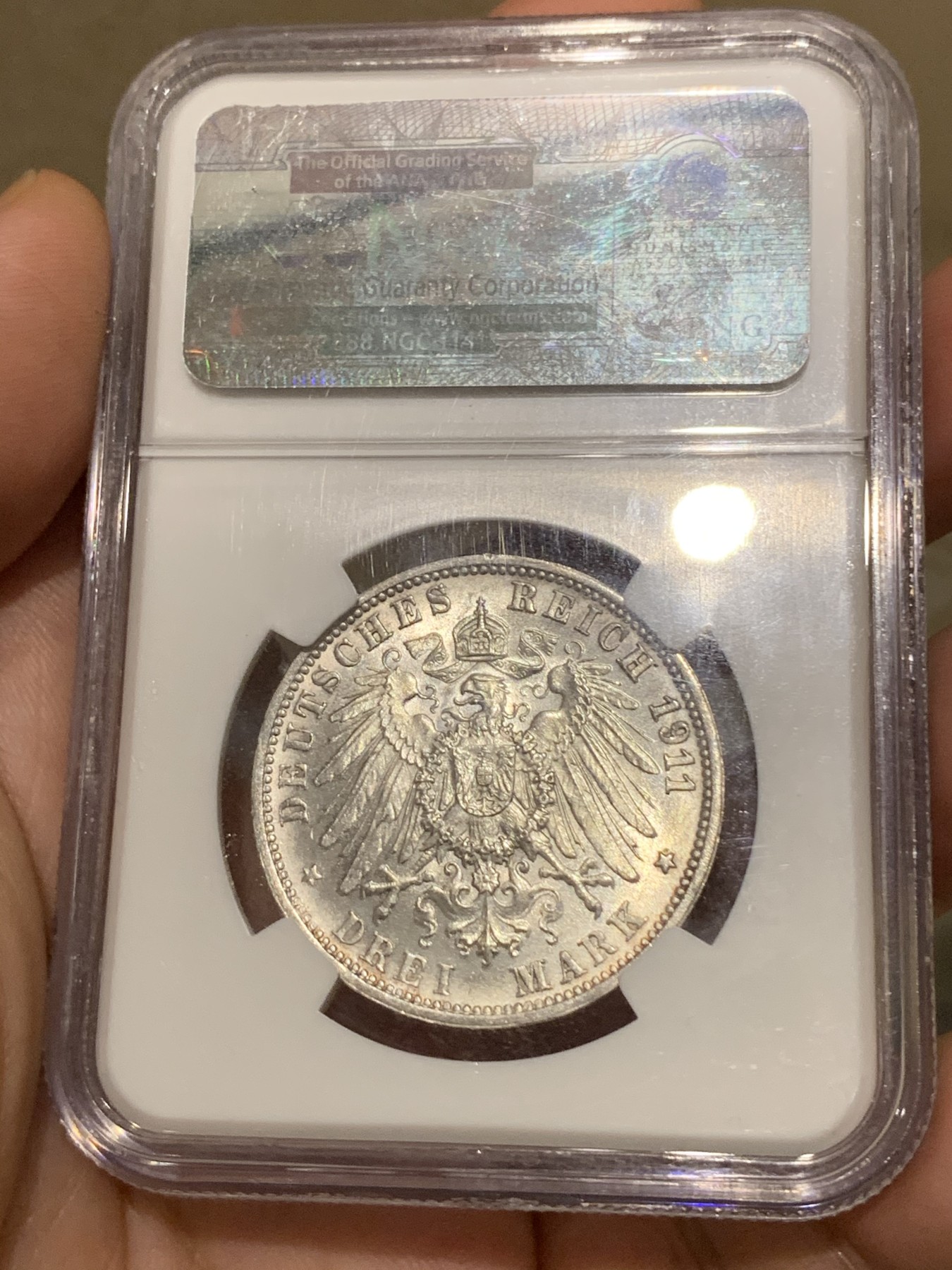 《竞宝斋》第192场-周日，周一 2场 (全场包邮) NGC-MS65 德国1911符腾堡威廉二世3马克纪念银币 高分