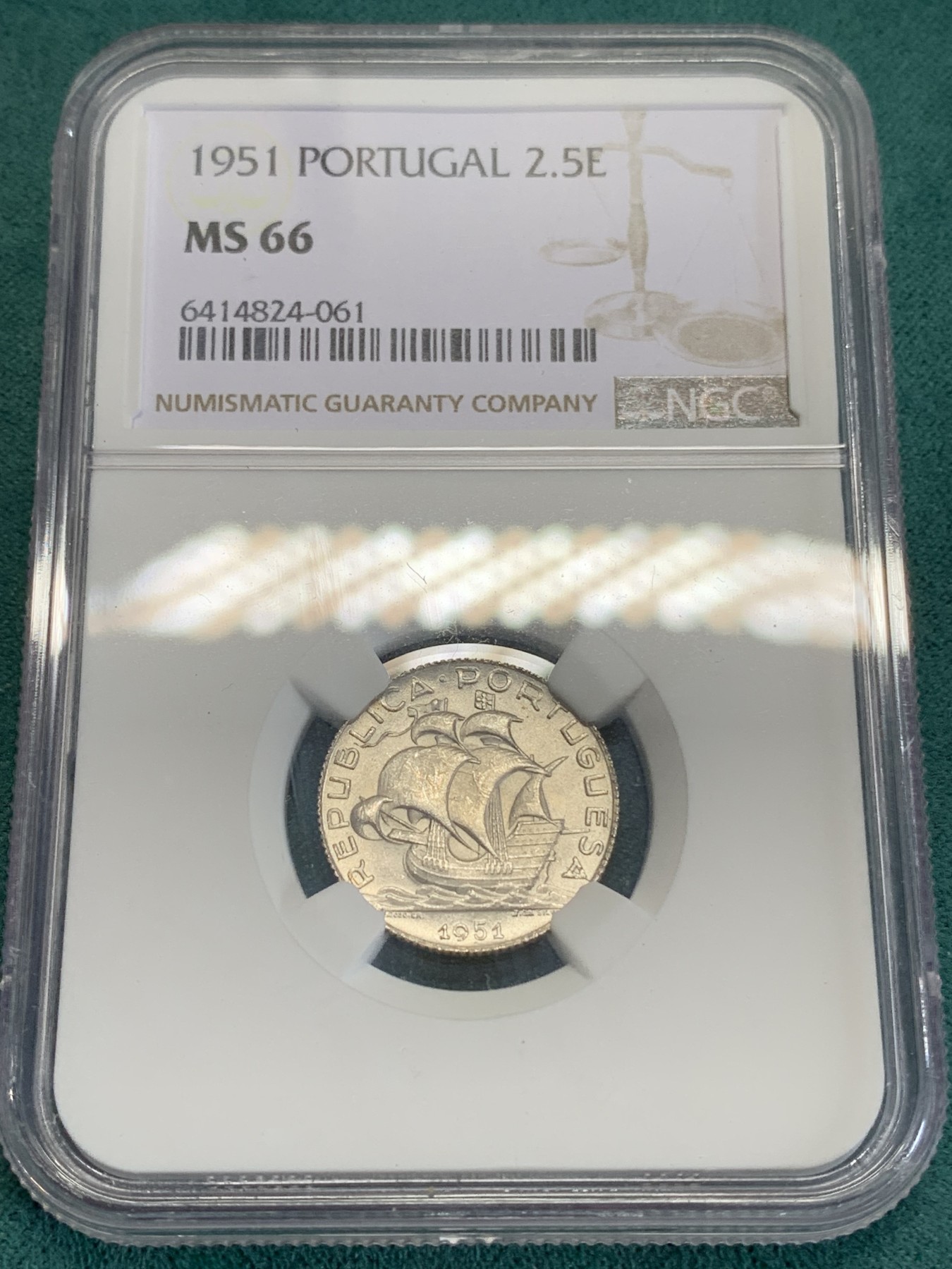 《竞宝斋》第192场-周日，周一 2场 (全场包邮) NGC MS66 葡萄牙1951大帆船 2.5埃斯库多银币