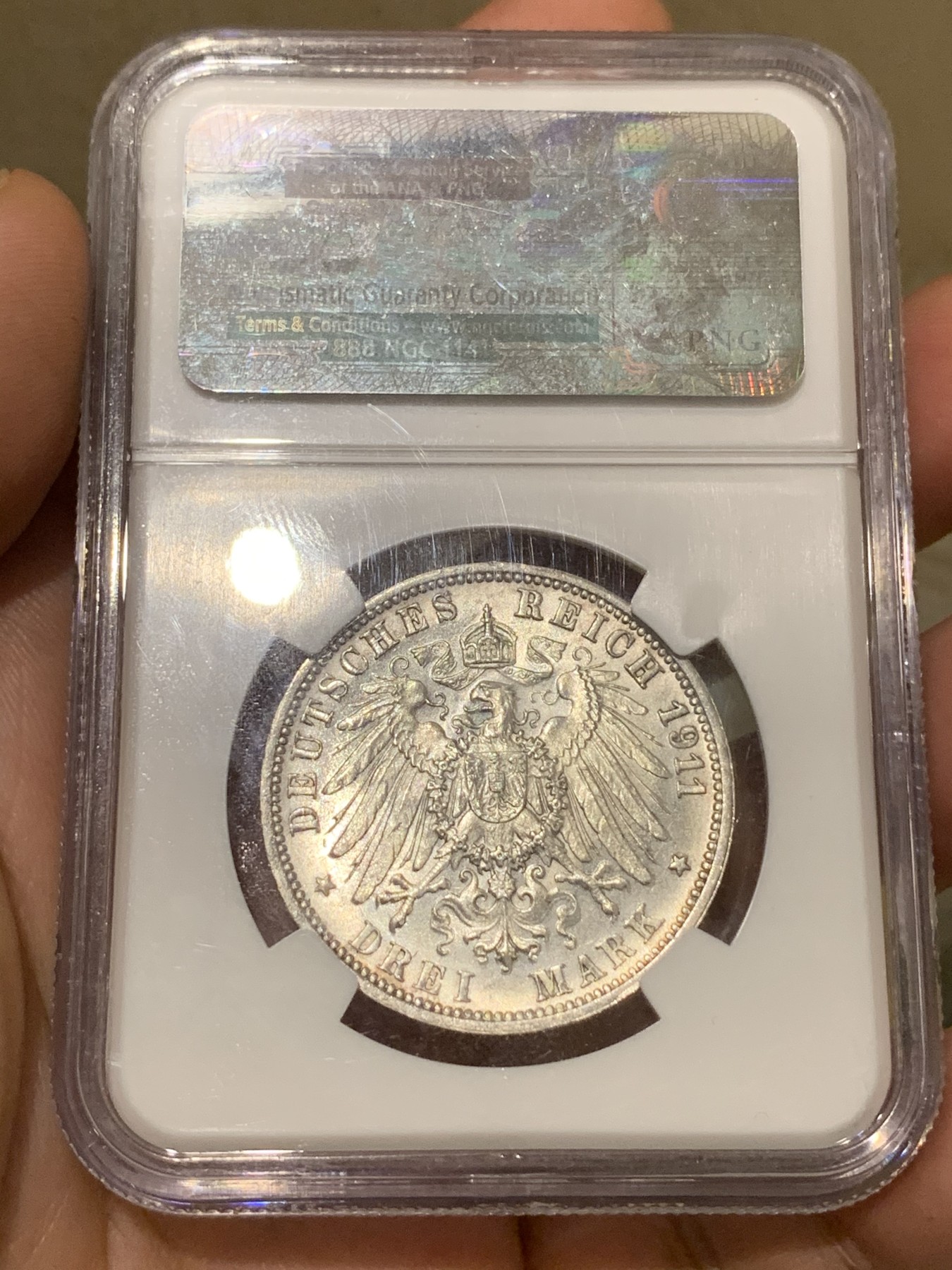 《竞宝斋》第192场-周日，周一 2场 (全场包邮) NGC-MS65 德国1911符腾堡威廉二世3马克纪念银币 高分