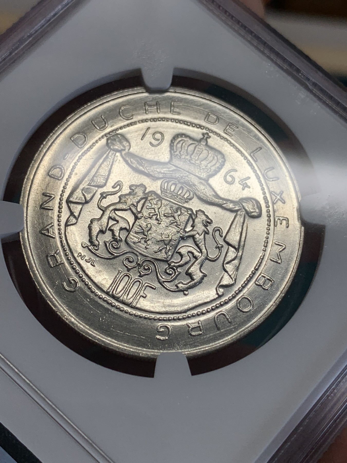 《竞宝斋》第192场-周日，周一 2场 (全场包邮) NGC MS64 卢森堡1964年八任大公让一世100法郎银币