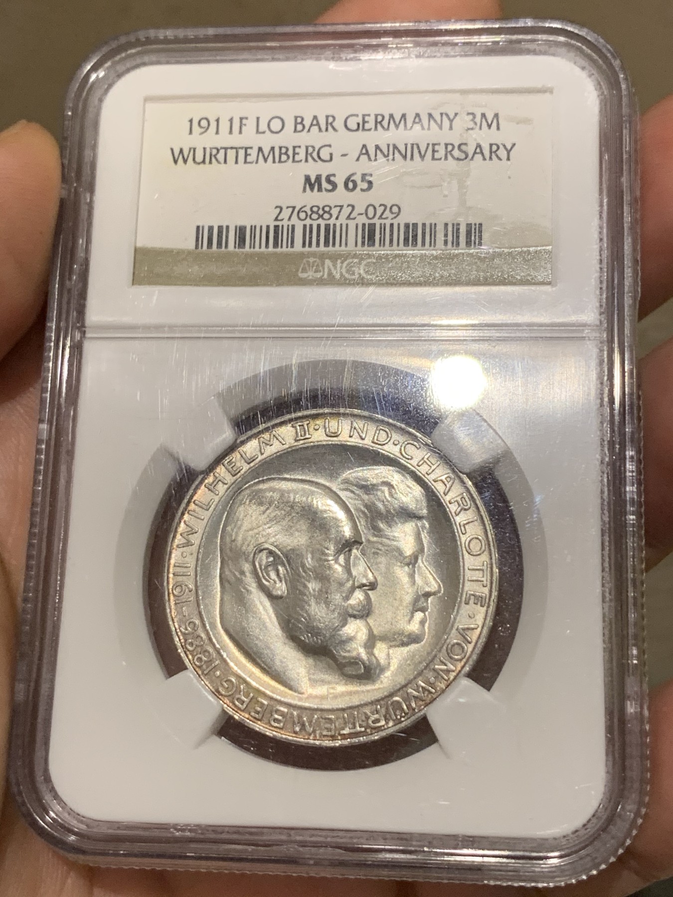 《竞宝斋》第192场-周日，周一 2场 (全场包邮) NGC-MS65 德国1911符腾堡威廉二世3马克纪念银币 高分