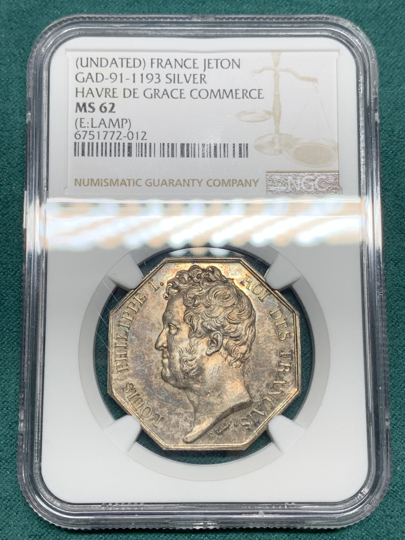 《竞宝斋》第192场-周日，周一 2场 (全场包邮) NGC MS62 法国海港商贸八角银质代币