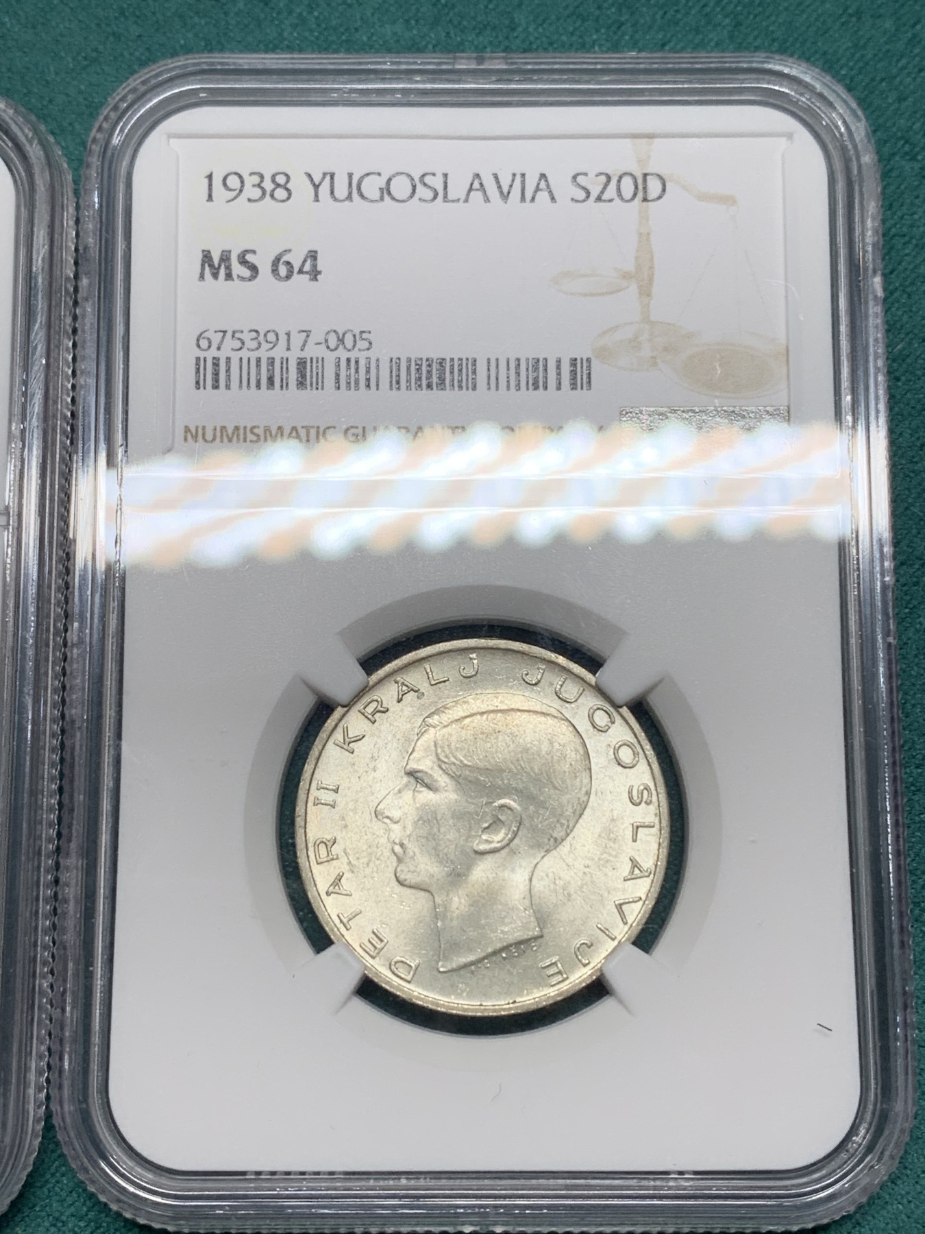 《竞宝斋》第192场-周日，周一 2场 (全场包邮) NGC MS64、MS62 南斯拉夫1938年彼得二世国王20、50第纳尔银币一对