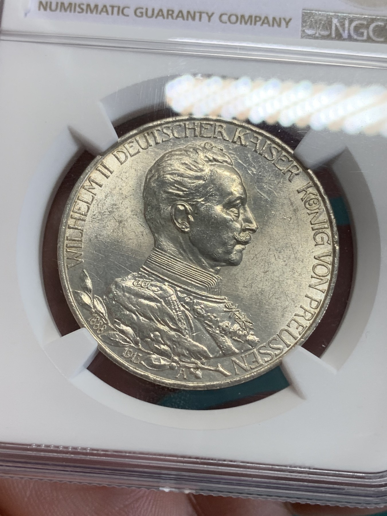 《竞宝斋》第192场-周日，周一 2场 (全场包邮) NGC-MS61 德国1913年普鲁士威廉二世军装版3马克银币