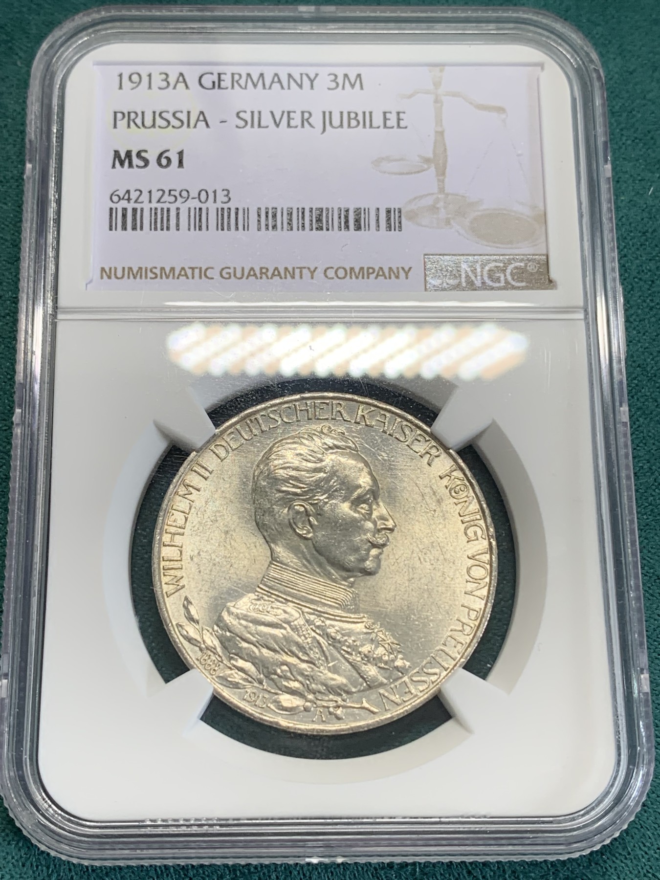 《竞宝斋》第192场-周日，周一 2场 (全场包邮) NGC-MS61 德国1913年普鲁士威廉二世军装版3马克银币