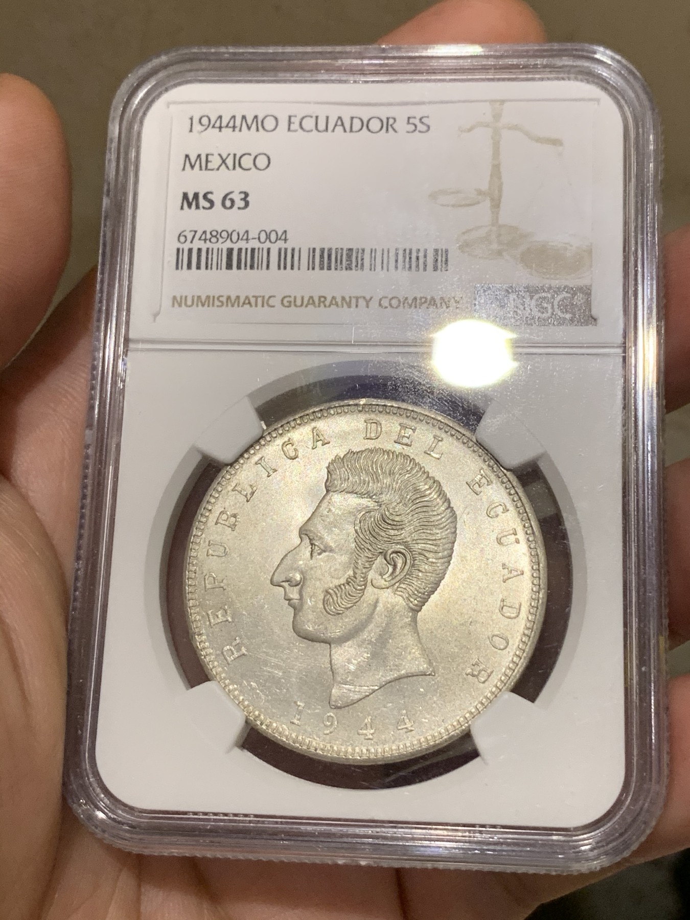 《竞宝斋》第192场-周日，周一 2场 (全场包邮) NGC-MS63 厄瓜多尔1944年5苏克雷银币 bu车轮光