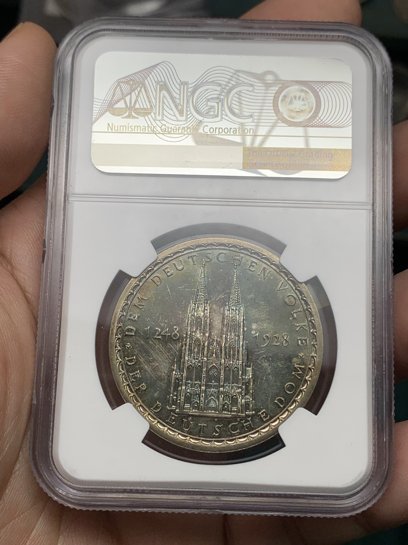 《竞宝斋》第192场-周日，周一 2场 (全场包邮) NGC-MS64 德国1928年科隆大教堂奠基680周年银章 超强镜面！绝美幻彩高分银章！