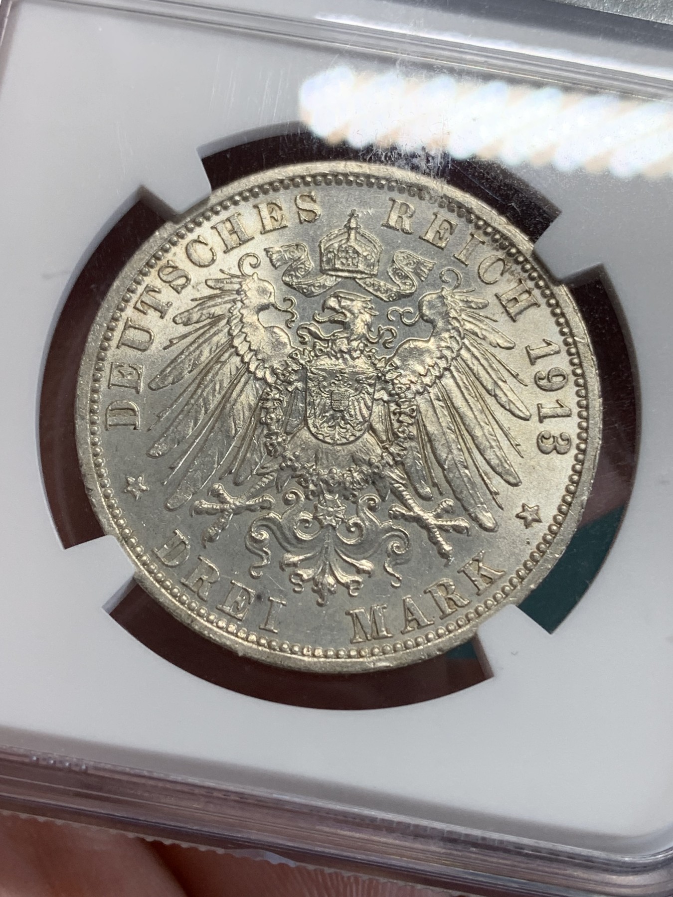 《竞宝斋》第192场-周日，周一 2场 (全场包邮) NGC-MS61 德国1913年普鲁士威廉二世军装版3马克银币