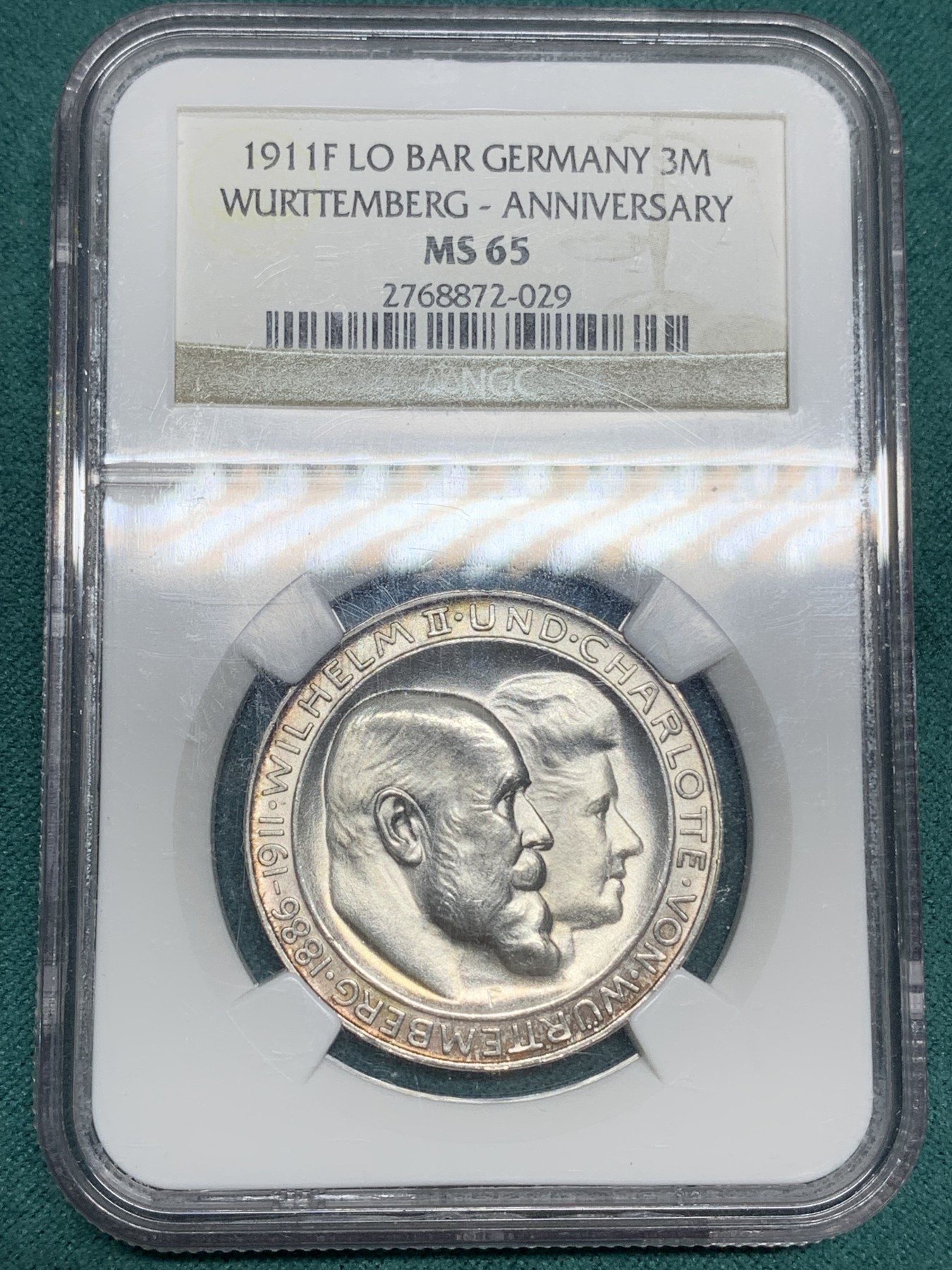 《竞宝斋》第192场-周日，周一 2场 (全场包邮) NGC-MS65 德国1911符腾堡威廉二世3马克纪念银币 高分