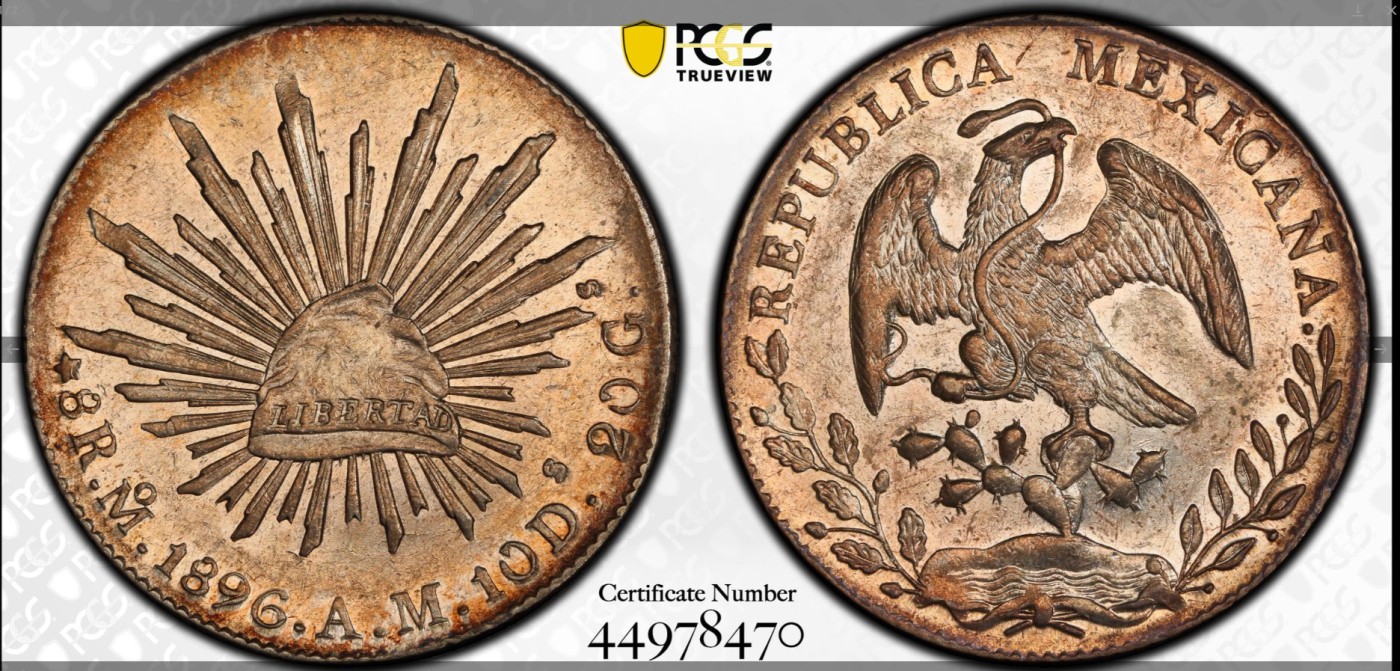 《竞宝斋》第192场-周日，周一 2场 (全场包邮) PCGS UNC92 墨西哥 1896年 8瑞尔 花边鹰洋银币 状态很好 严评 官网有仙图