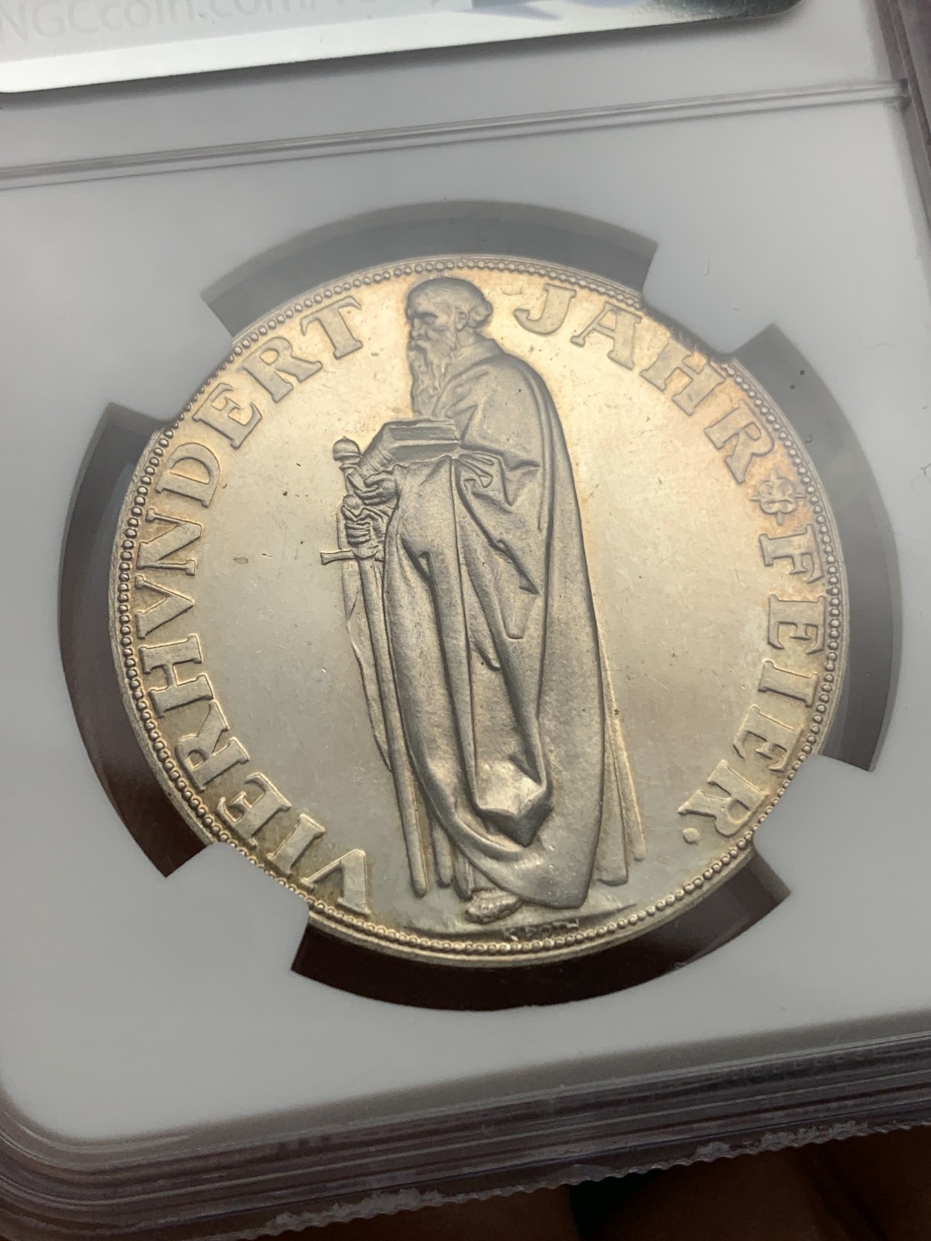 《竞宝斋》第192场-周日，周一 2场 (全场包邮) NGC MS62 德国1928画家丢勒镜面底板银章背面少见