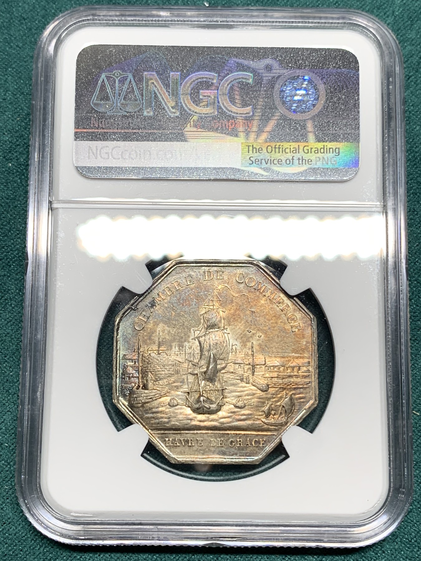 《竞宝斋》第192场-周日，周一 2场 (全场包邮) NGC MS62 法国海港商贸八角银质代币