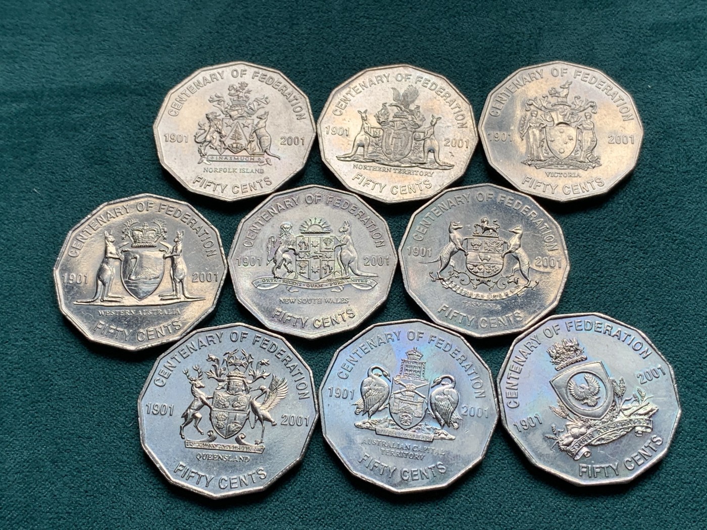 《竞宝斋》第192场-周日，周一 2场 (全场包邮) 澳大利亚2001年联邦百年50分流通纪念币 九枚全