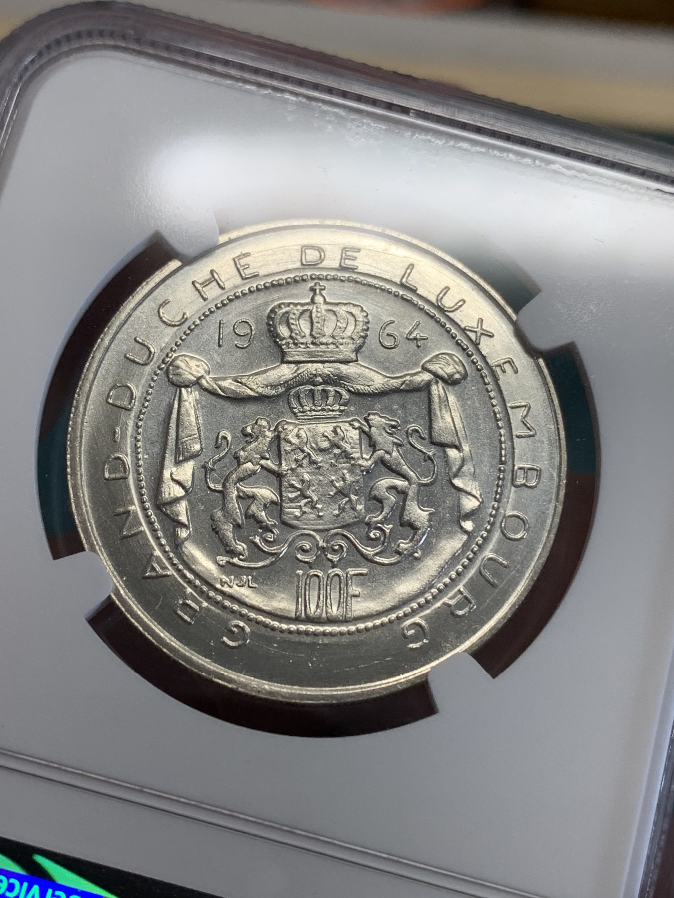 《竞宝斋》第192场-周日，周一 2场 (全场包邮) NGC MS64 卢森堡1964年八任大公让一世100法郎银币