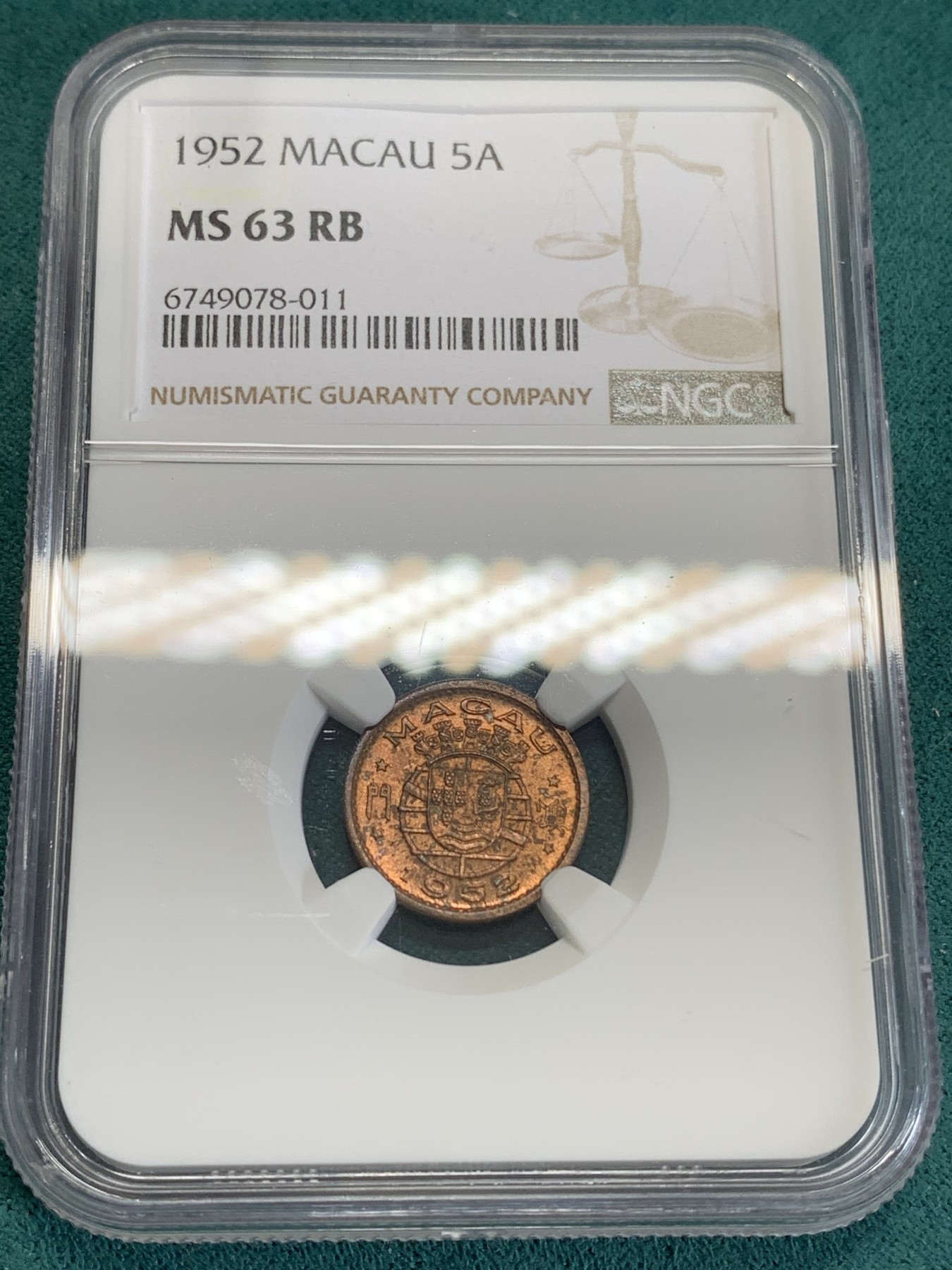 《竞宝斋》第192场-周日，周一 2场 (全场包邮) NGC MS63RB 好分暴光好品 澳门1952年五仙铜币 全套里面的筋币！