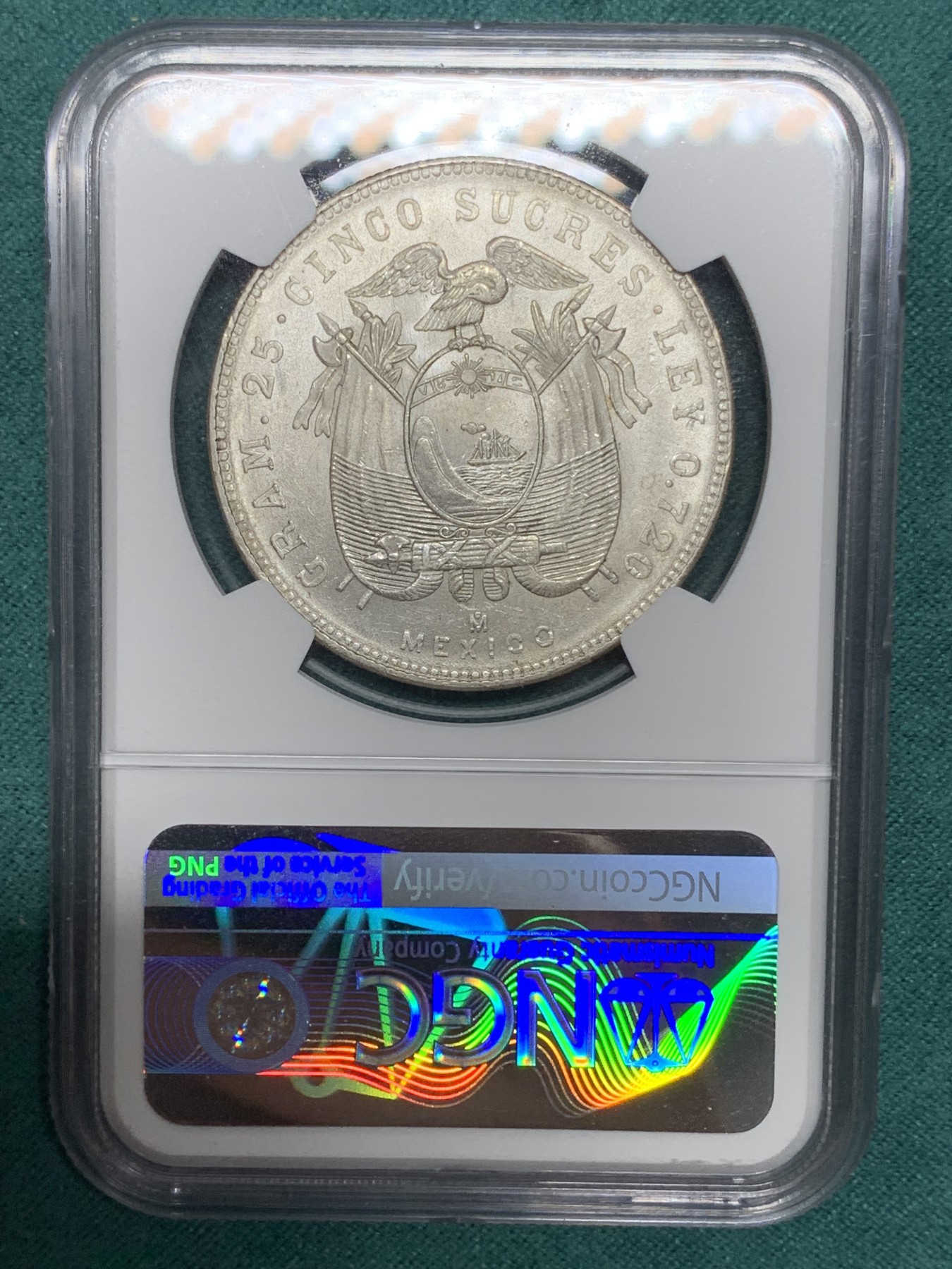 《竞宝斋》第192场-周日，周一 2场 (全场包邮) NGC-MS63 厄瓜多尔1944年5苏克雷银币 bu车轮光