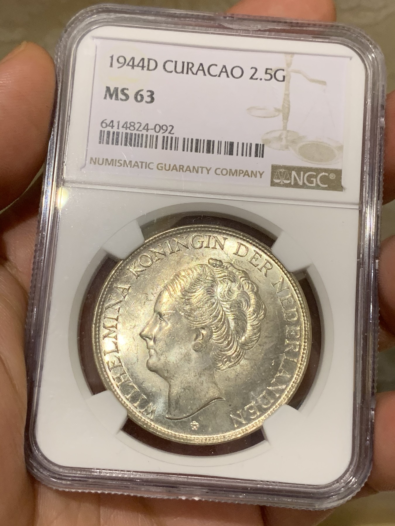 《竞宝斋》第192场-周日，周一 2场 (全场包邮) NGC MS63 荷属库拉索1944年威廉明娜2.5G大银币