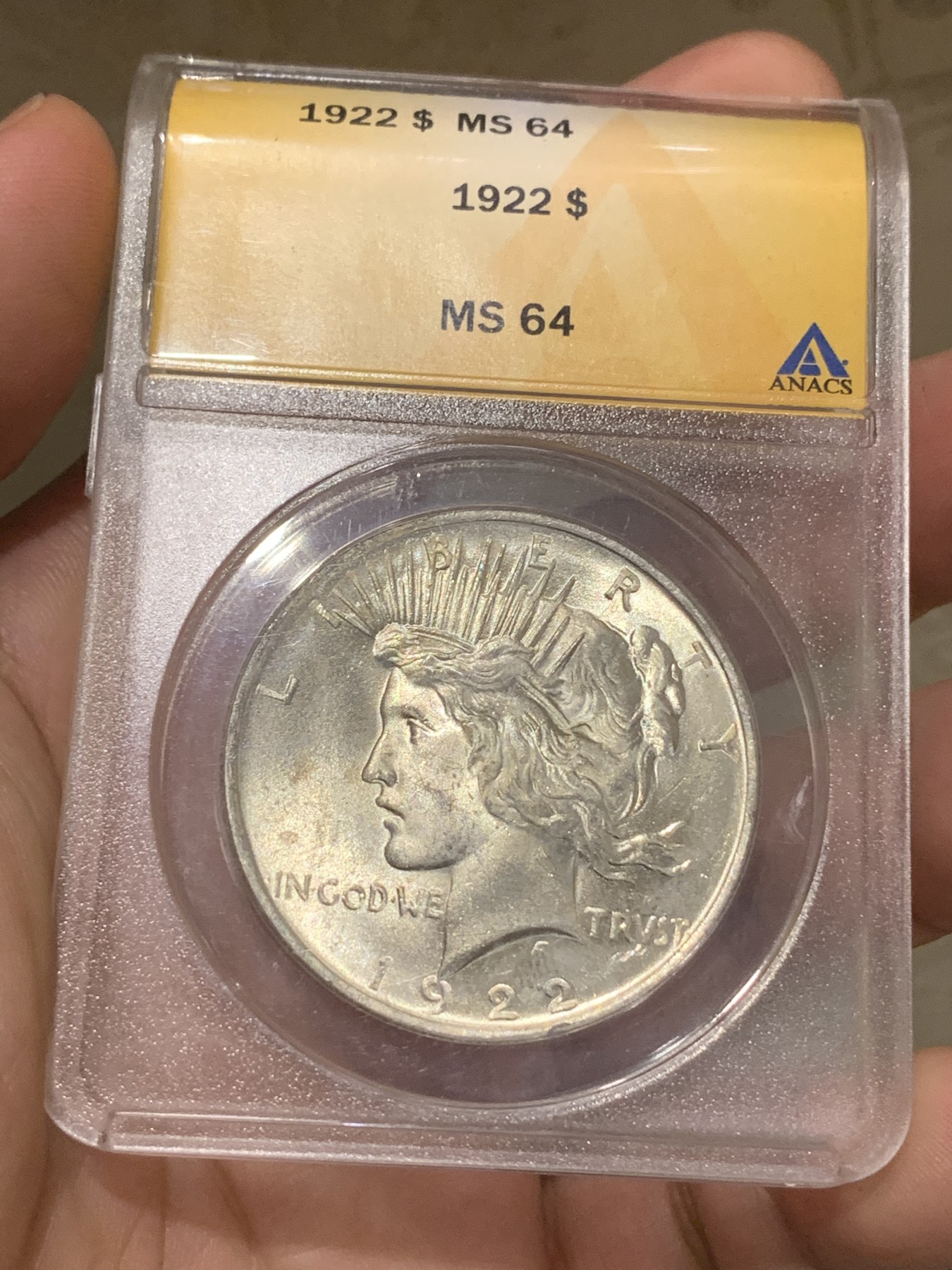 《竞宝斋》第192场-周日，周一 2场 (全场包邮) ANACS-MS64 美国 1922年 1美元 和平币 设计不错的小黄盒