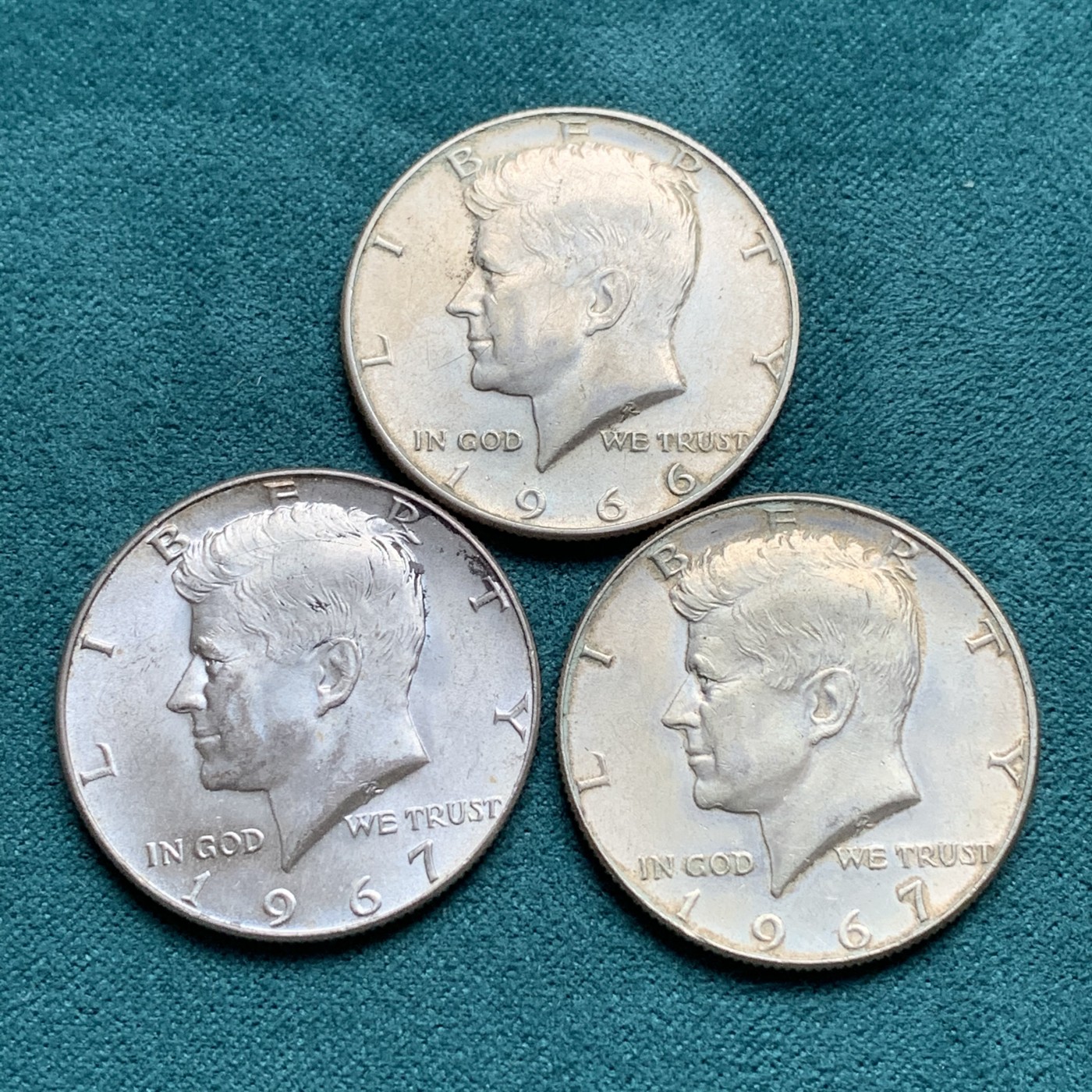 《竞宝斋》第192场-周日，周一 2场 (全场包邮) 3枚一组 美国 1966年-1967年 肯尼迪半圆银币