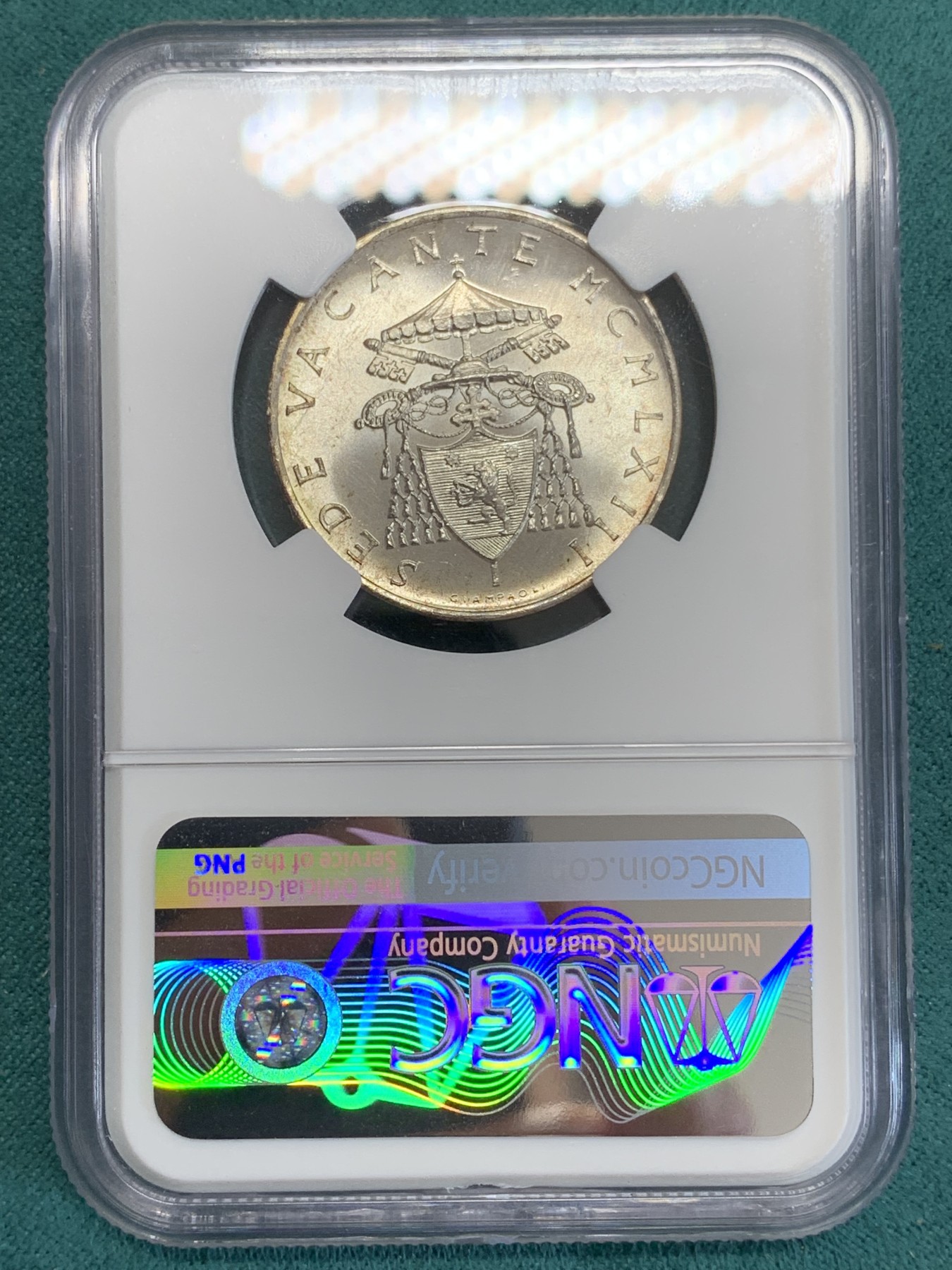 《竞宝斋》第192场-周日，周一 2场 (全场包邮) NGC-MS63 梵蒂冈1963年500里拉缺位银币 转光明显