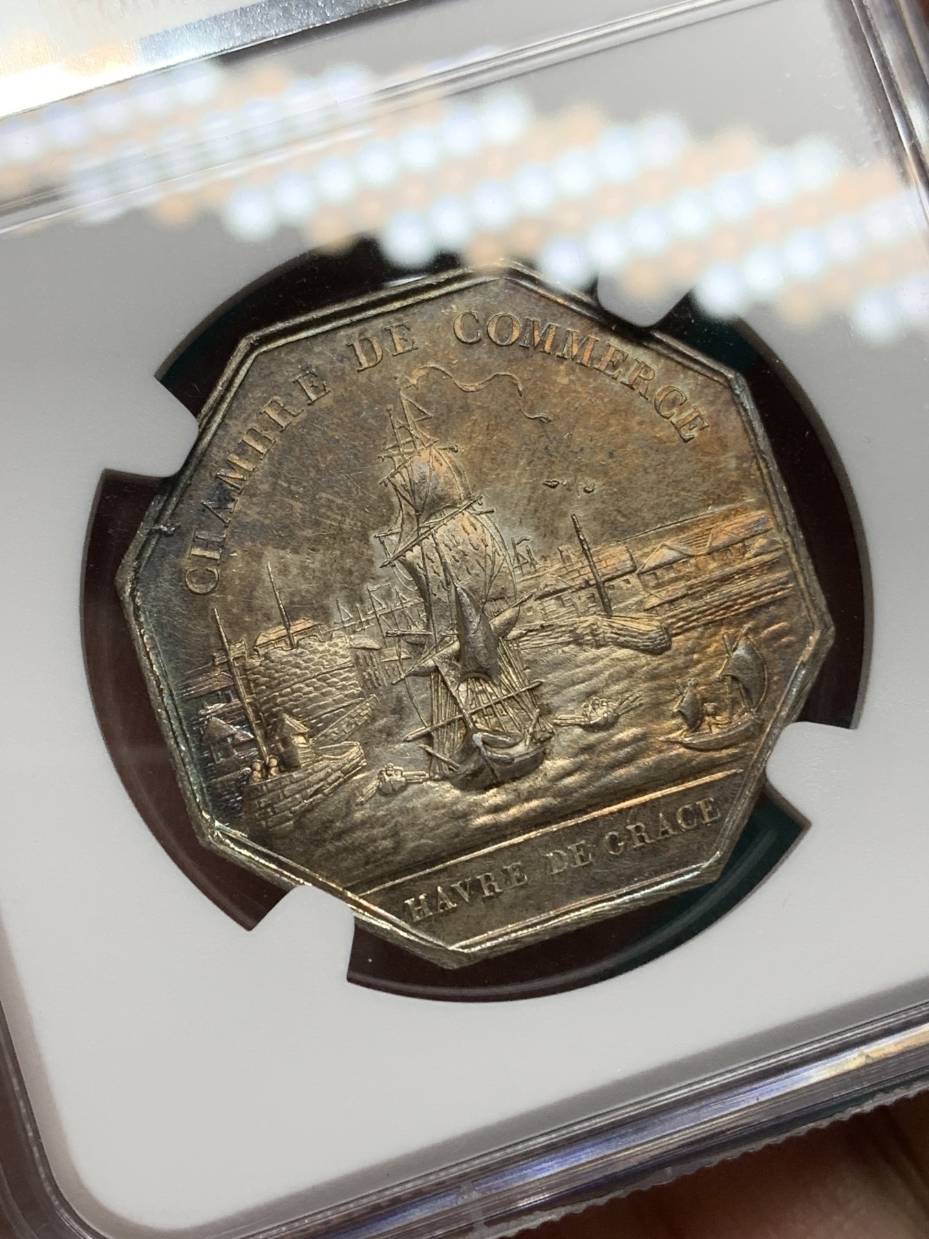 《竞宝斋》第192场-周日，周一 2场 (全场包邮) NGC MS62 法国海港商贸八角银质代币