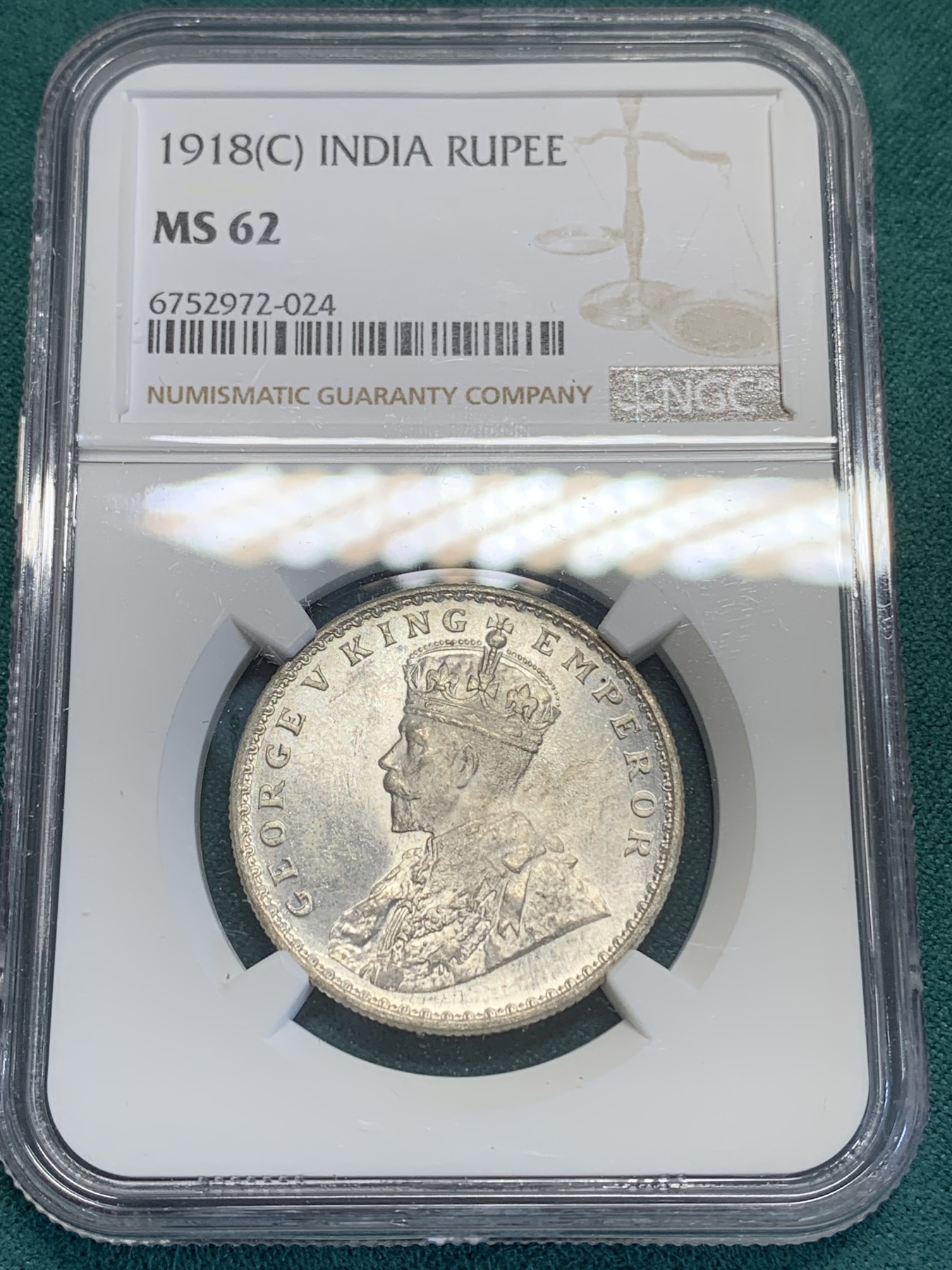 《竞宝斋》第192场-周日，周一 2场 (全场包邮) NGC MS62 印度乔五1918C 1卢比银币