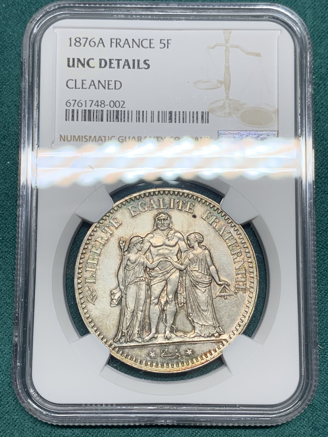 《竞宝斋》第192场-周日，周一 2场 (全场包邮) NGC UNC 法国1876年A版大力神5法郎银币